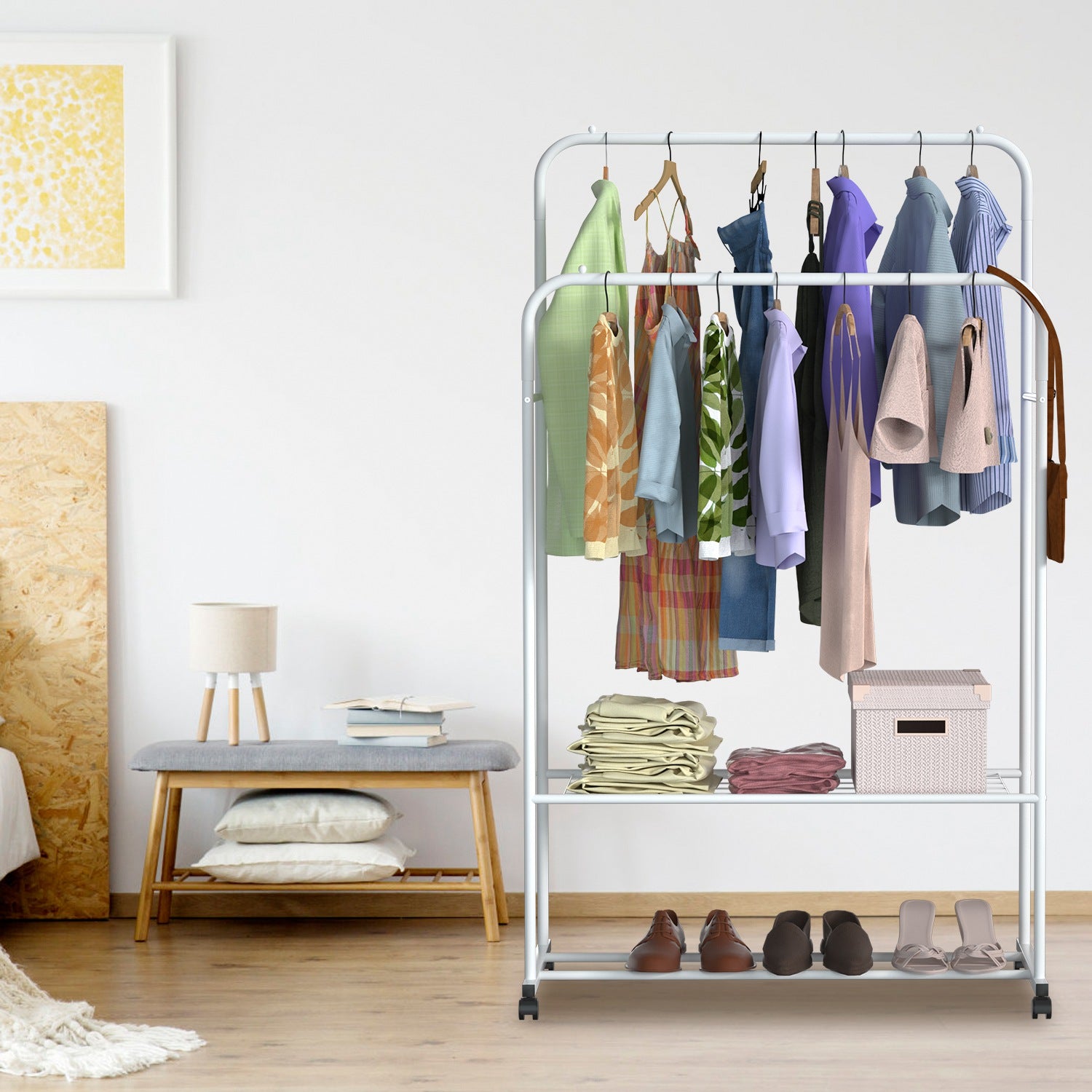 1Pc Garment Hanging Rack Clothing Hanging Rail Pillow Shoe Display Organizer Stand Rolling Wheel Clothes Organizer