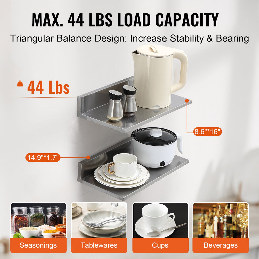 8.6" X 16" Stainless Steel Shelf, Wall Mounted Floating Shelving With Backsplash, 44 Lbs Load Capacity Commercial Shelves, Heavy Duty Storage Rack For Restaurant, Kitchen, Bar, Home, And Hotel