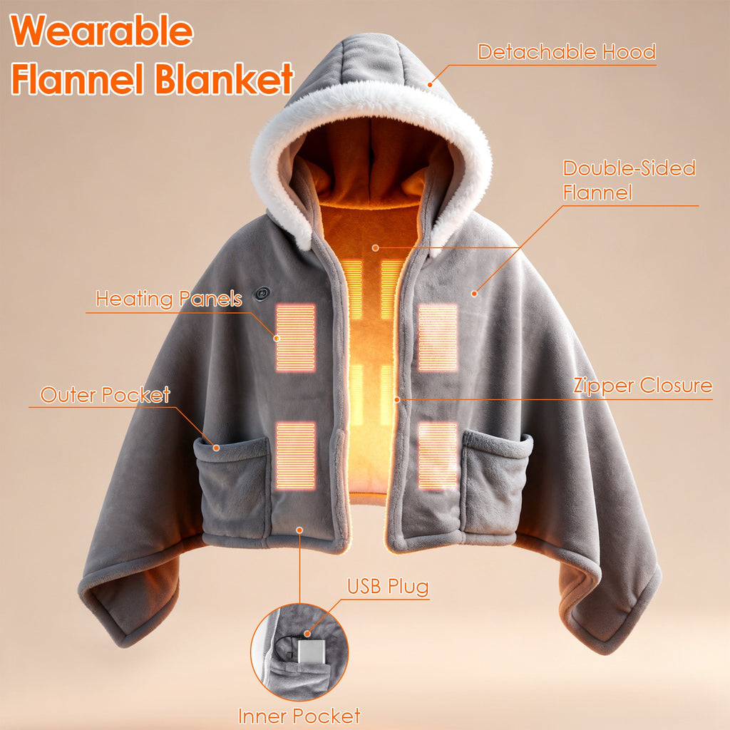 Wearable Heated Throw Blanket With 20000mah Battery Pack Double Sided Flannel Portable Electric Heating Hoodie For Women Men Machine Washable 3 Heating Levels Battery Operated