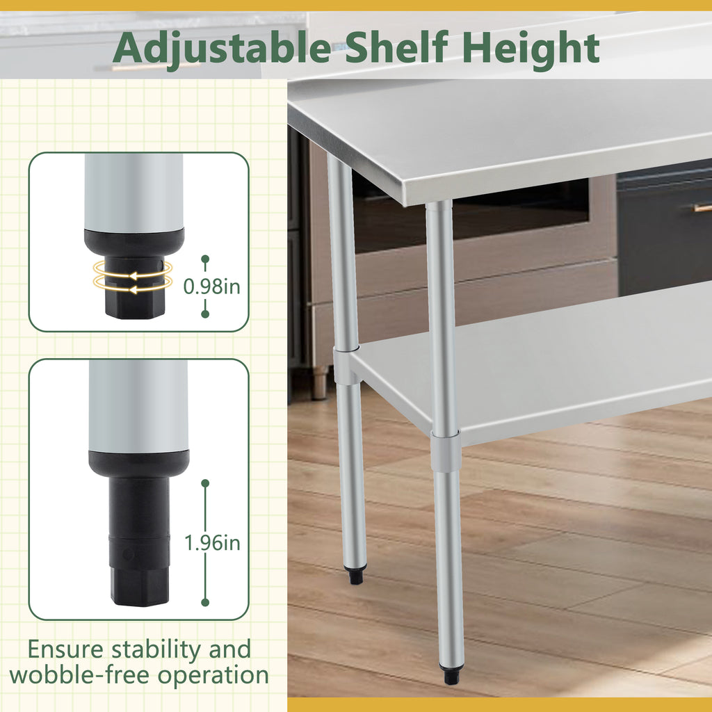 Stainless Steel Prep Table With Adjustable Undershelf And Galvanized Legs, Heavy-Duty Commercial Work Table For Kitchen, Home, Restaurant, And Hotel Use