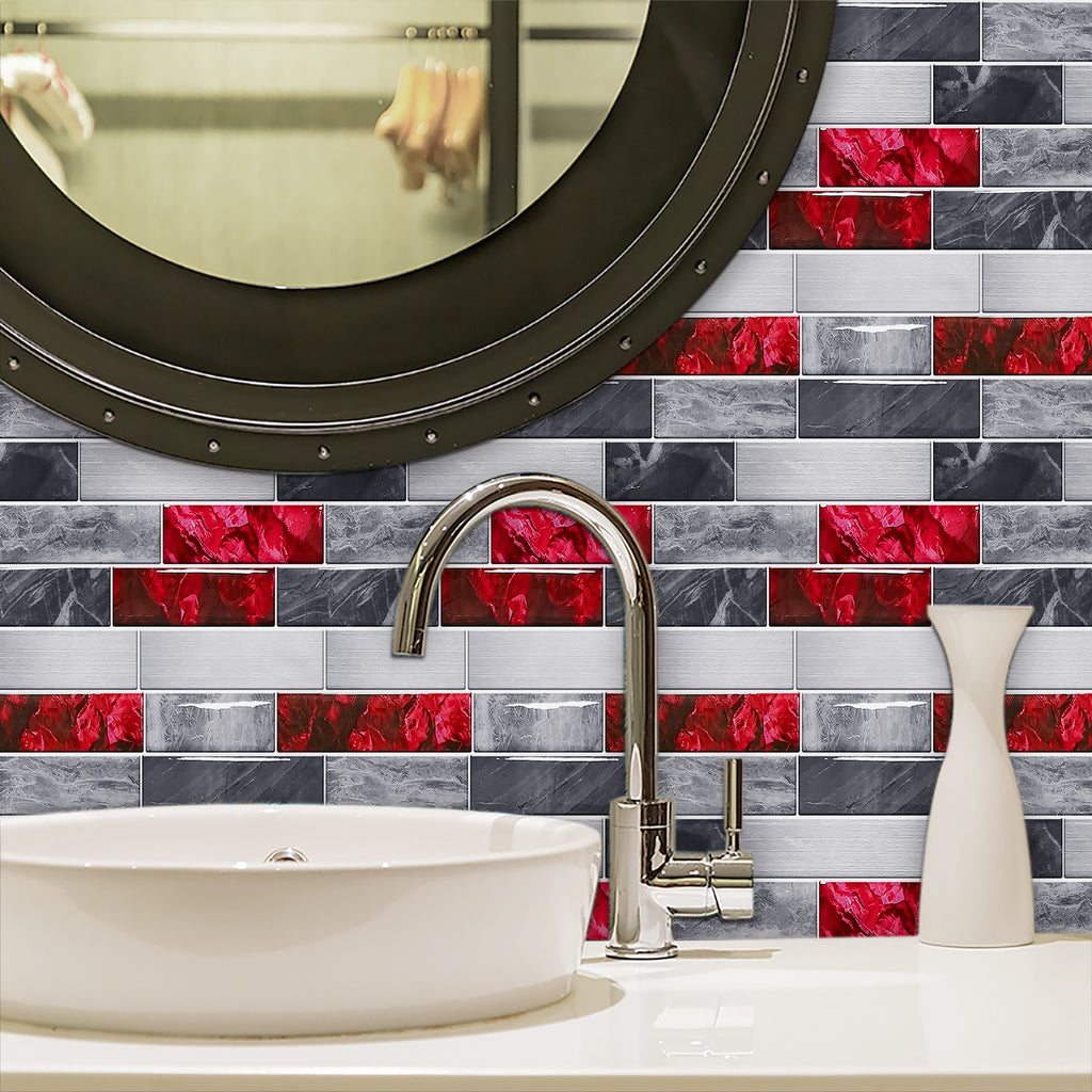 Red Marble Look Peel And Stick Wallpaper PVC Waterproof Self-adhesive Tiles Kitchen Splash-proof Bathroom Home Decoration Removable Without Leaving Glue