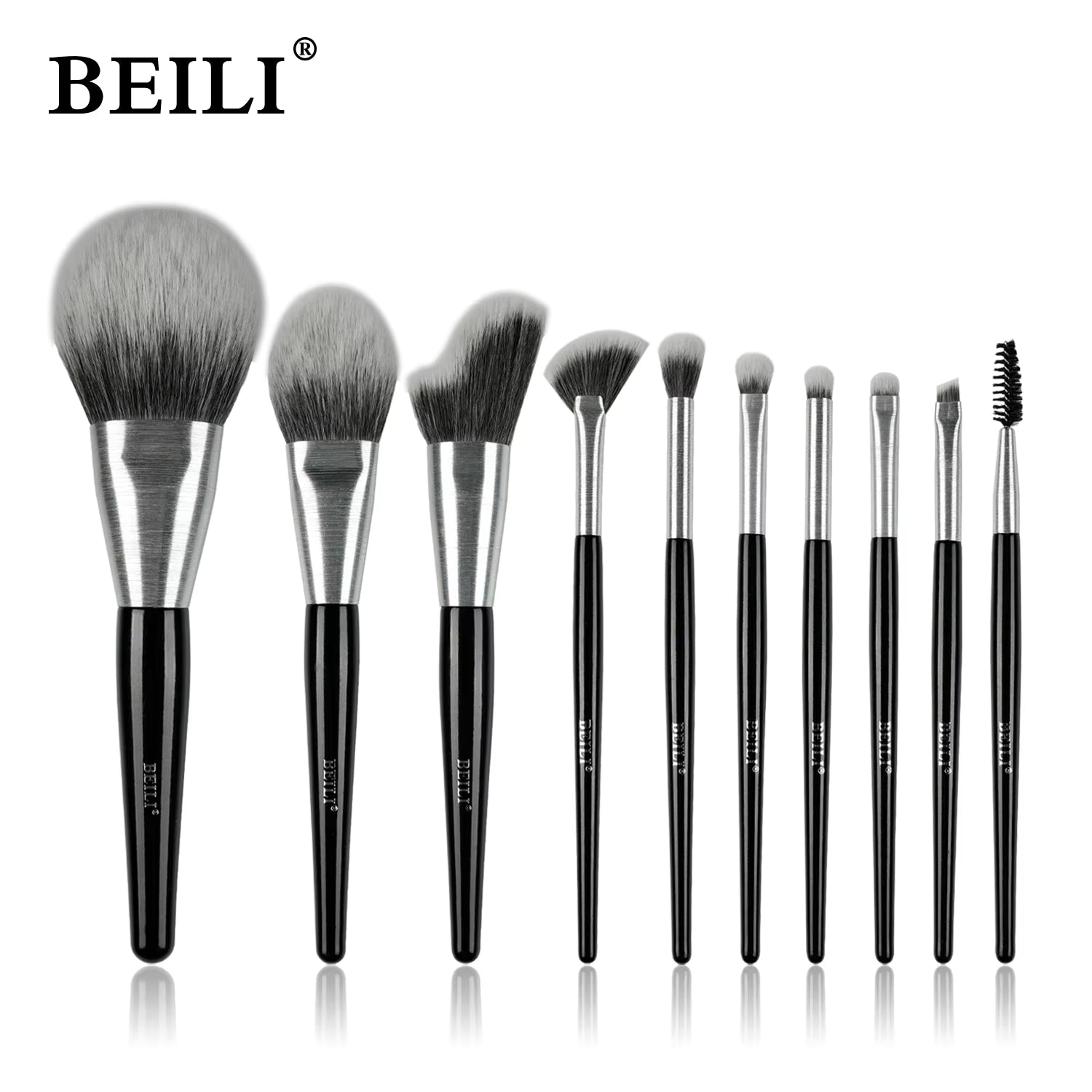 Beili Christmas Gift Makeup Brush Set Of 10, Kabuki Brushes With Synthetic Hair For Foundation, Concealer, And Eyeshadow.
