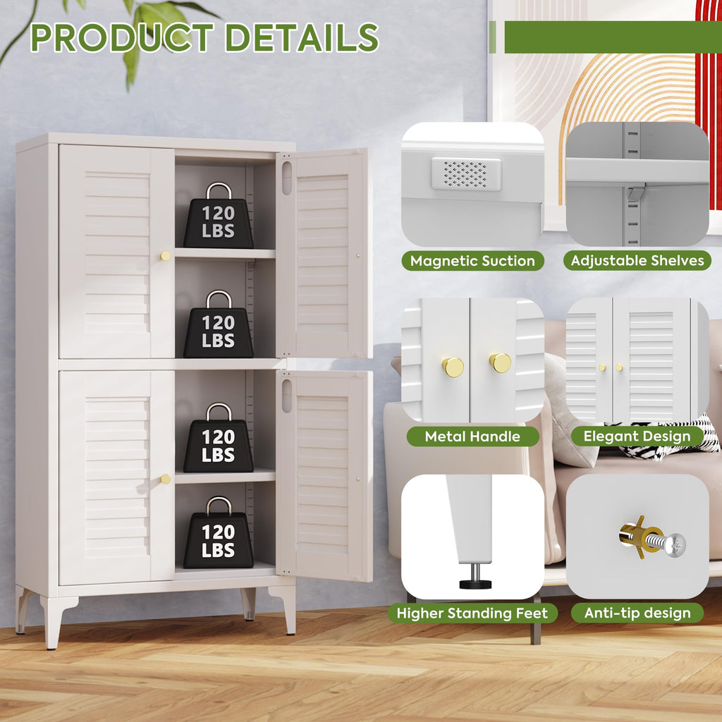46inch H Metal Small Bathroom Storage Cabinet With 4 Doors And Adjustable Shelves, Pantry Cabinet For Home, Kitchen, Assembly Required, White