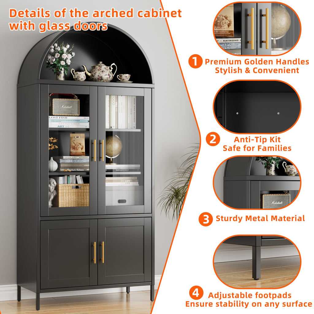 78.7inch H Metal Arched Cabinet,Kitchen Pantry Cabinet With Doors And Shelves, Arched Bookcase For Home Office Bar Living Room, Assemble Require,Black