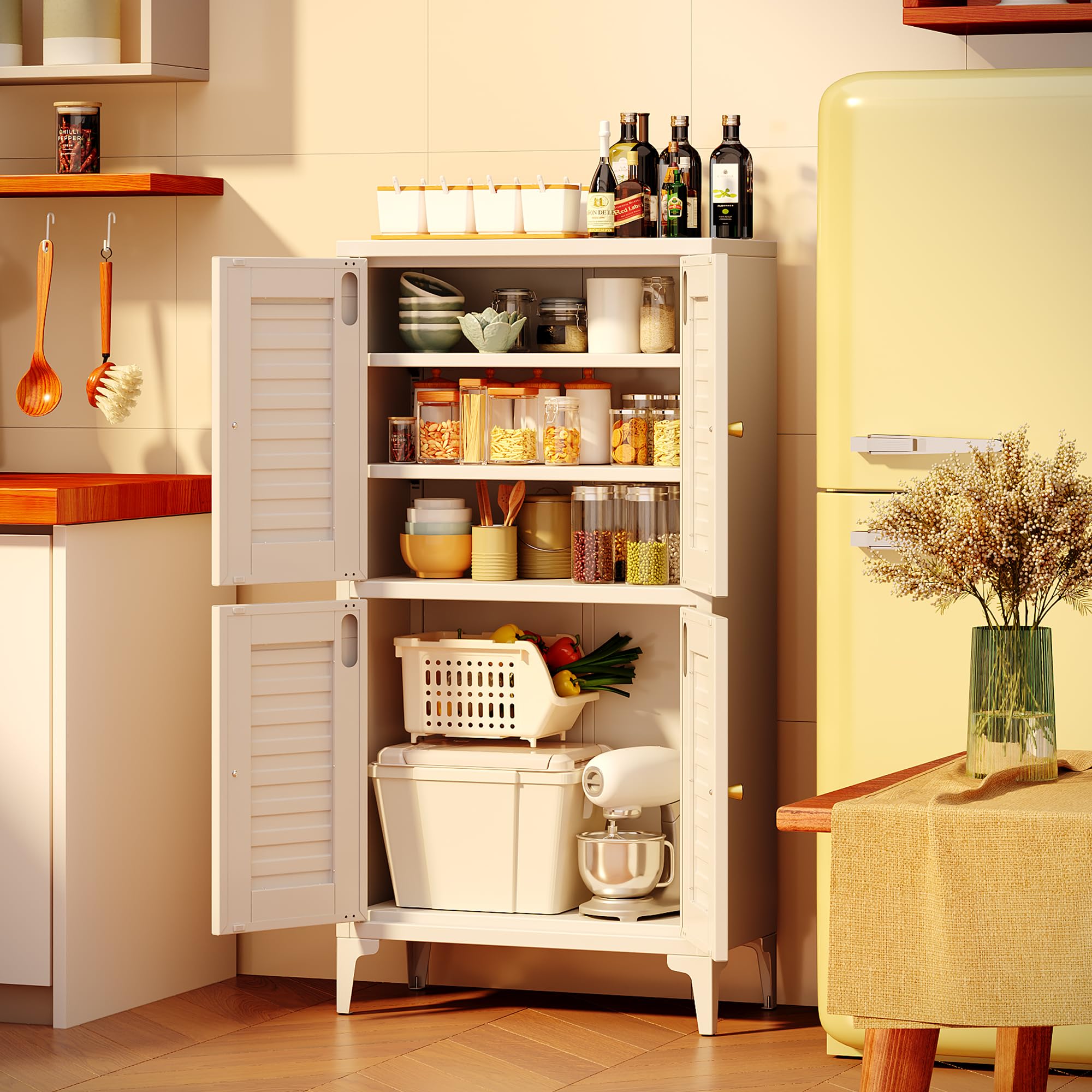 46inch H Metal Small Bathroom Storage Cabinet With 4 Doors And Adjustable Shelves, Pantry Cabinet For Home, Kitchen, Assembly Required, White
