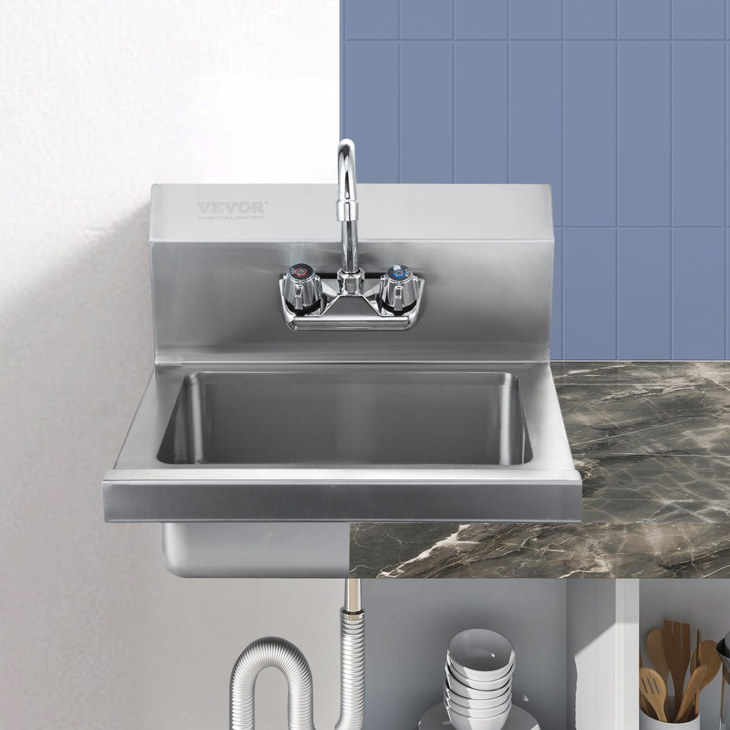 Commercial Hand Sink With Faucet And Side Splash, Stainless Steel Sink For Washing, Small Hand Washing Sink, Wall Mount Hand Basin For Restaurant, Kitchen, Bar, Garage And Home, 17x12.8 Inch