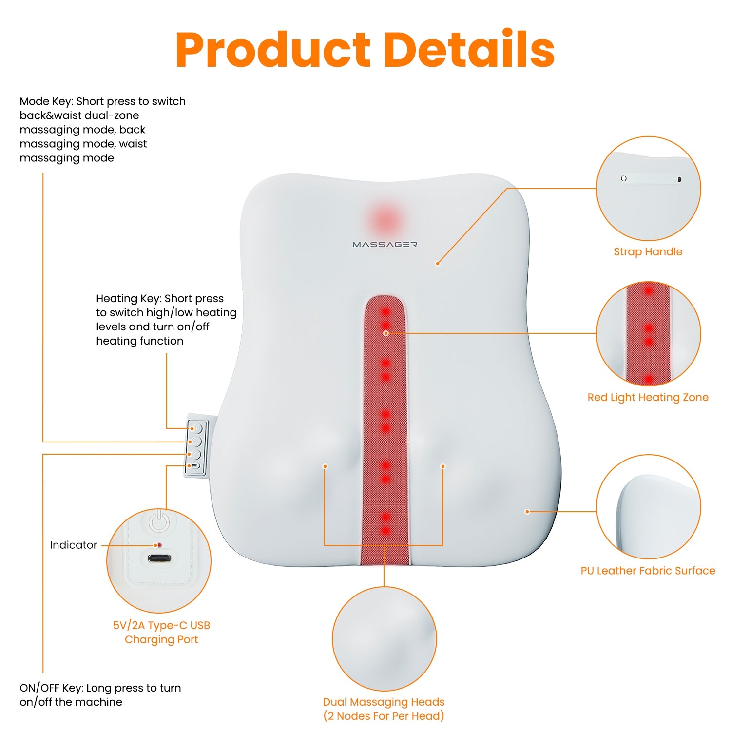 1 Set  Shiatsu Back Massager 3D Deep Tissue Kneading Massage Pillow Cordless USB Rechargeable With 3 Massaging Modes 2 Heating Levels 10Mins Auto-Off For Back Shoulder Waist Lumbar No Chair