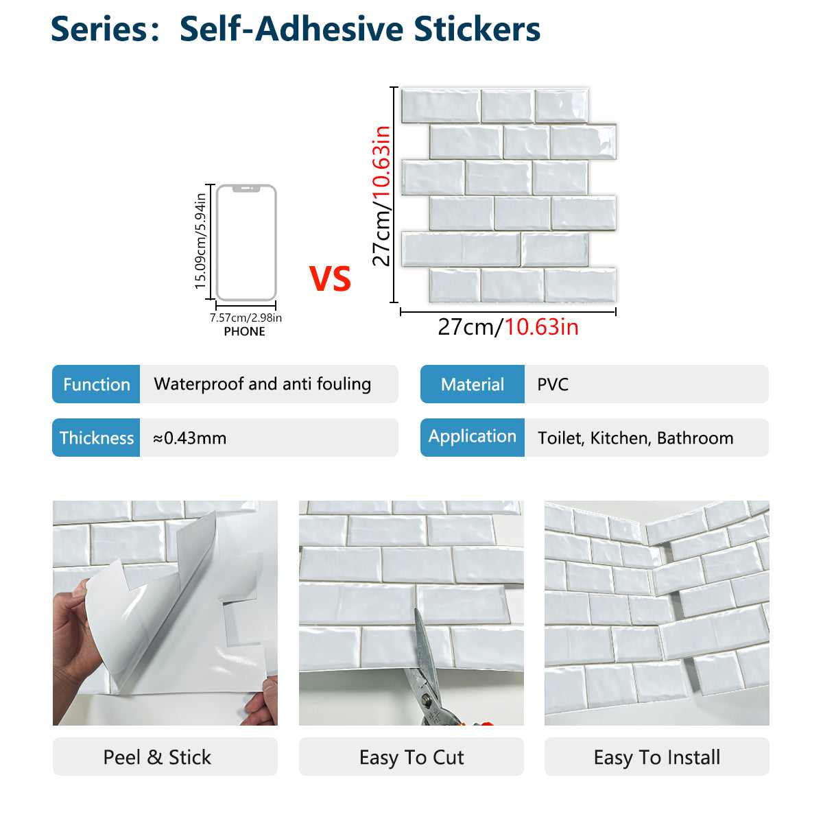 White Wall Stickers For Kitchen And Bathroom Walls, Waterproof And Oil-proof Self-adhesive Wall Stickers, Easy DIY Home Decoration, Removable Glue-free Wall Decoration