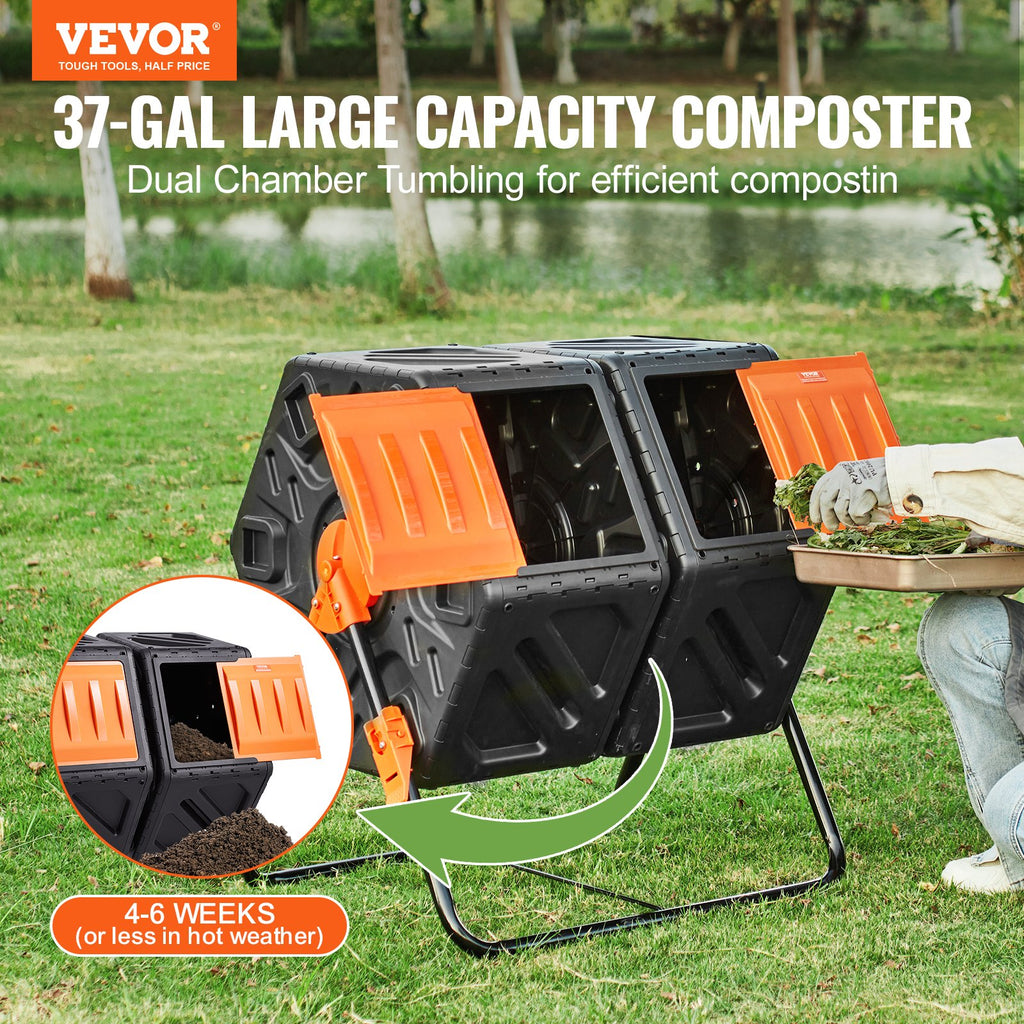 Compost Bin, 37-Gal Dual Chamber Composting Tumbler, High Volume Two Rotating Chambers With 2 Sliding Door And Steel Frame, BPA Free Composter Bin Tumbler For Garden, Kitchen, Yard, Outdoor
