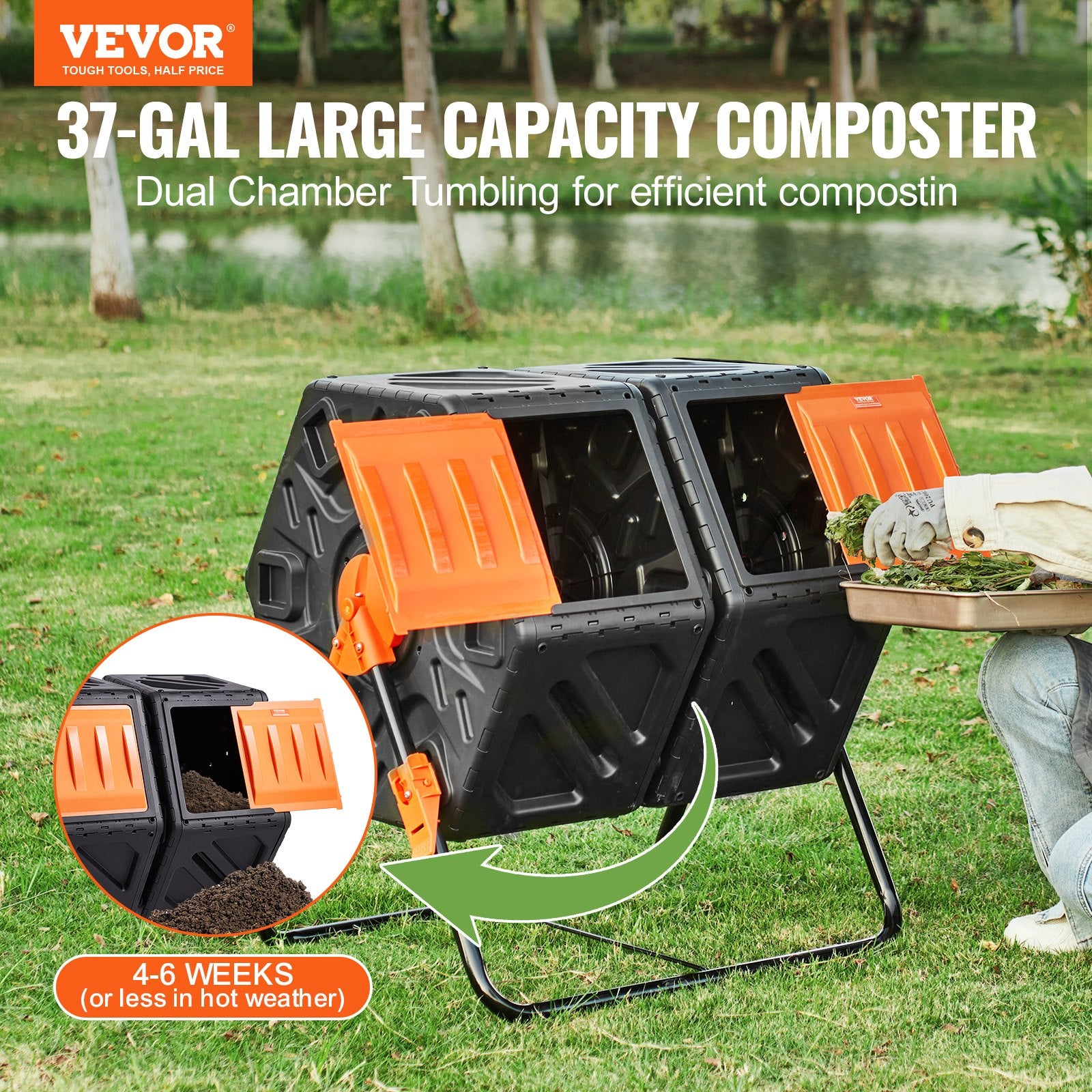 Compost Bin, 37-Gal Dual Chamber Composting Tumbler, High Volume Two Rotating Chambers With 2 Sliding Door And Steel Frame, BPA Free Composter Bin Tumbler For Garden, Kitchen, Yard, Outdoor