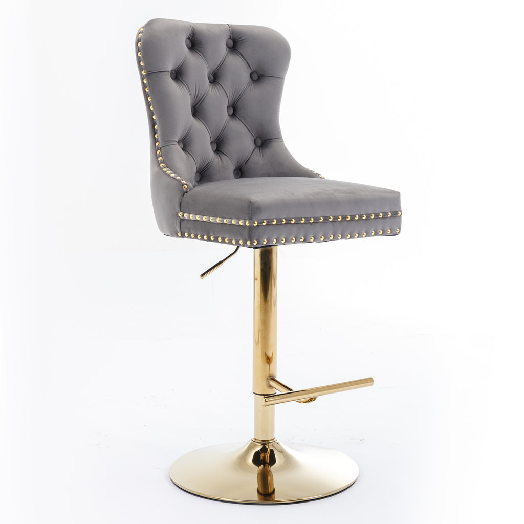 A&A Furniture,Thick Golden Swivel Velvet Barstools Adjusatble Seat Height From 25-33 Inch, Modern Upholstered Bar Stools With Backs Comfortable Tufted For Home Pub And Kitchen Island Gray,Set Of 2