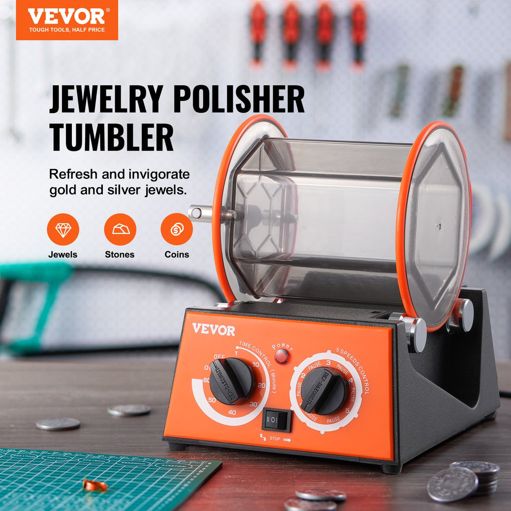 Jewelry Polisher Tumbler, 6.6lbs/3kg Capacity Mini Rotary Tumbler Machine With 0-60 Minutes Timer, 5 Speeds Jewelry Rotary Finisher For Surface Polishing Grinding Buffing Gemstones Jewels Coins