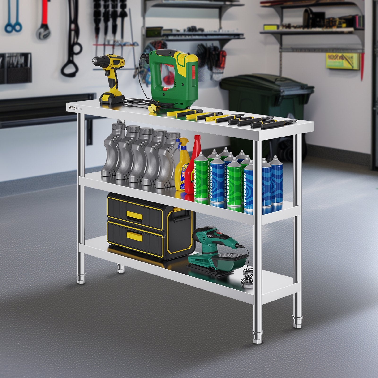 VEVOR Stainless Steel Food Prep Table, 14 X 48 X 34 Inch Commercial Kitchen Worktable, With 2 Adjustable Undershelf, Heavy Duty Prep Table Metal Work Table For BBQ, Kitchen, Home, And Garage