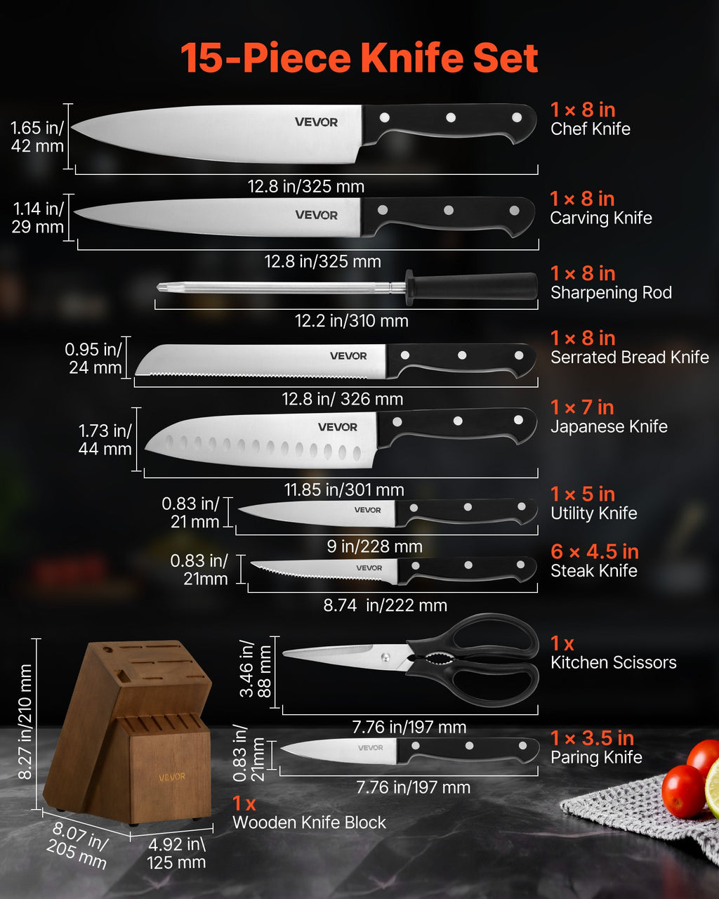 Kitchen Knife Set With Block And Sharpener, 15 Piece German High Carbon Stainless Steel Knife Set, Kitchen Cutlery With ABS Ergonomic Handle, Sharpening Rod And Wooden Block, For Home Cooks