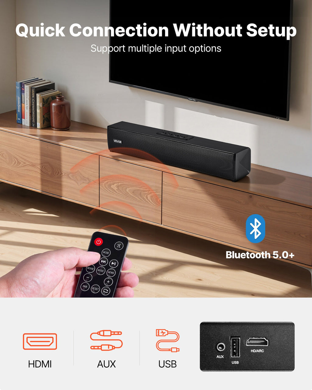 Sound Bar For Smart TV, 2.0 Channel, 17-Inch Compact Soundbar TV Speakers For Projector, Bluetooth AUX Connection, Remote Control, Easy Setup, 80W Surround Sound System For PC Home Theater Audio
