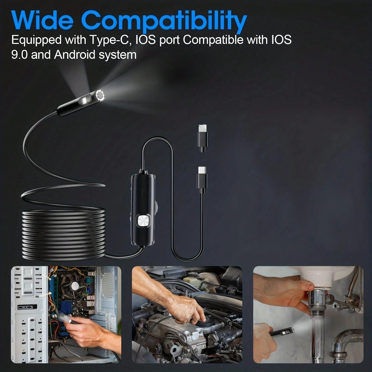 Lighted Endoscope Dual Camera, 1920P HD Endoscope Tool With 8 Adjustable LED Lights, Endoscope With Semi-Rigid Snake Camera, Waterproof 8mm Wide-Angle Inspection Camera,