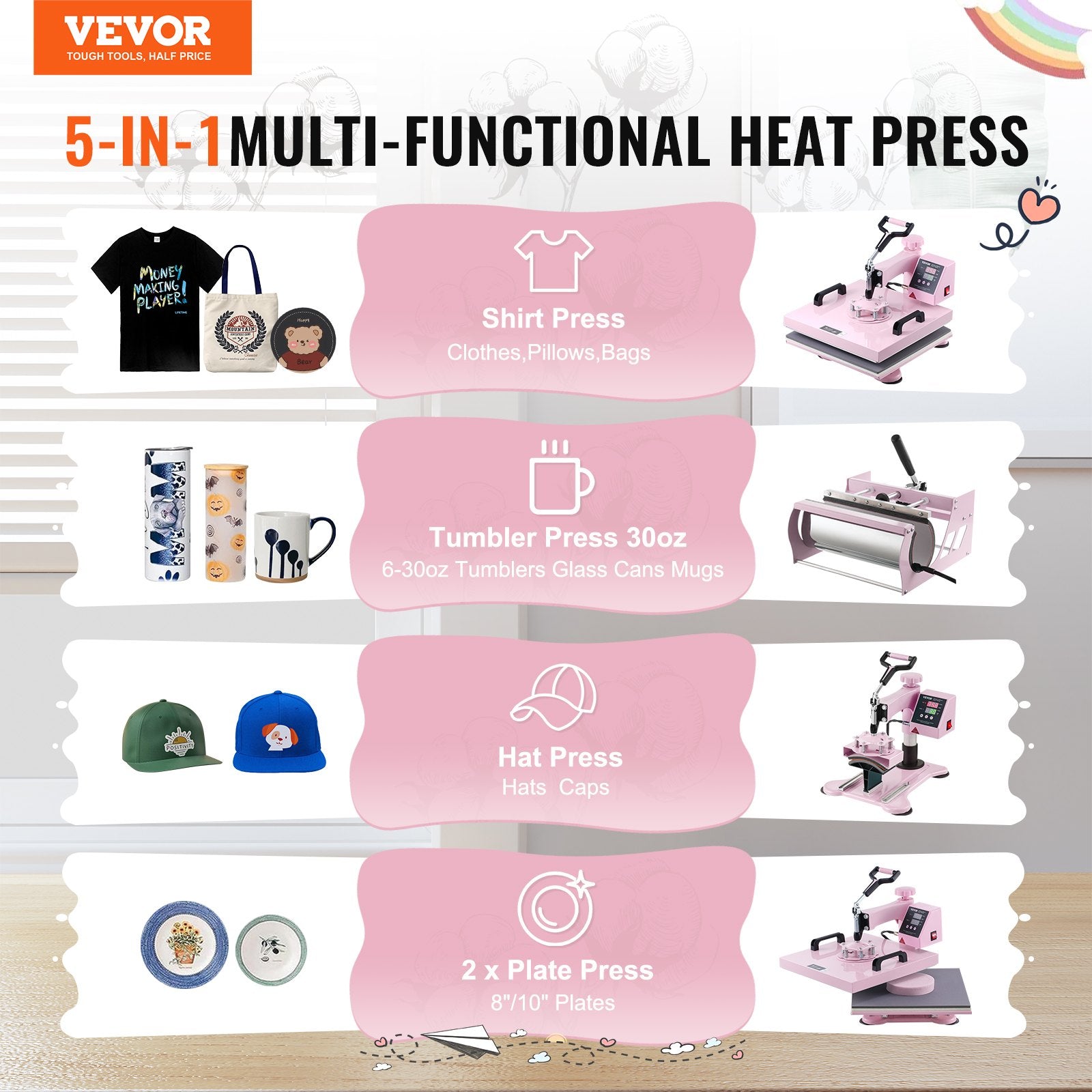 Heat Press Machine 15x15 In 5 In 1 With 30oz Tumbler Press T-Shirts Pink