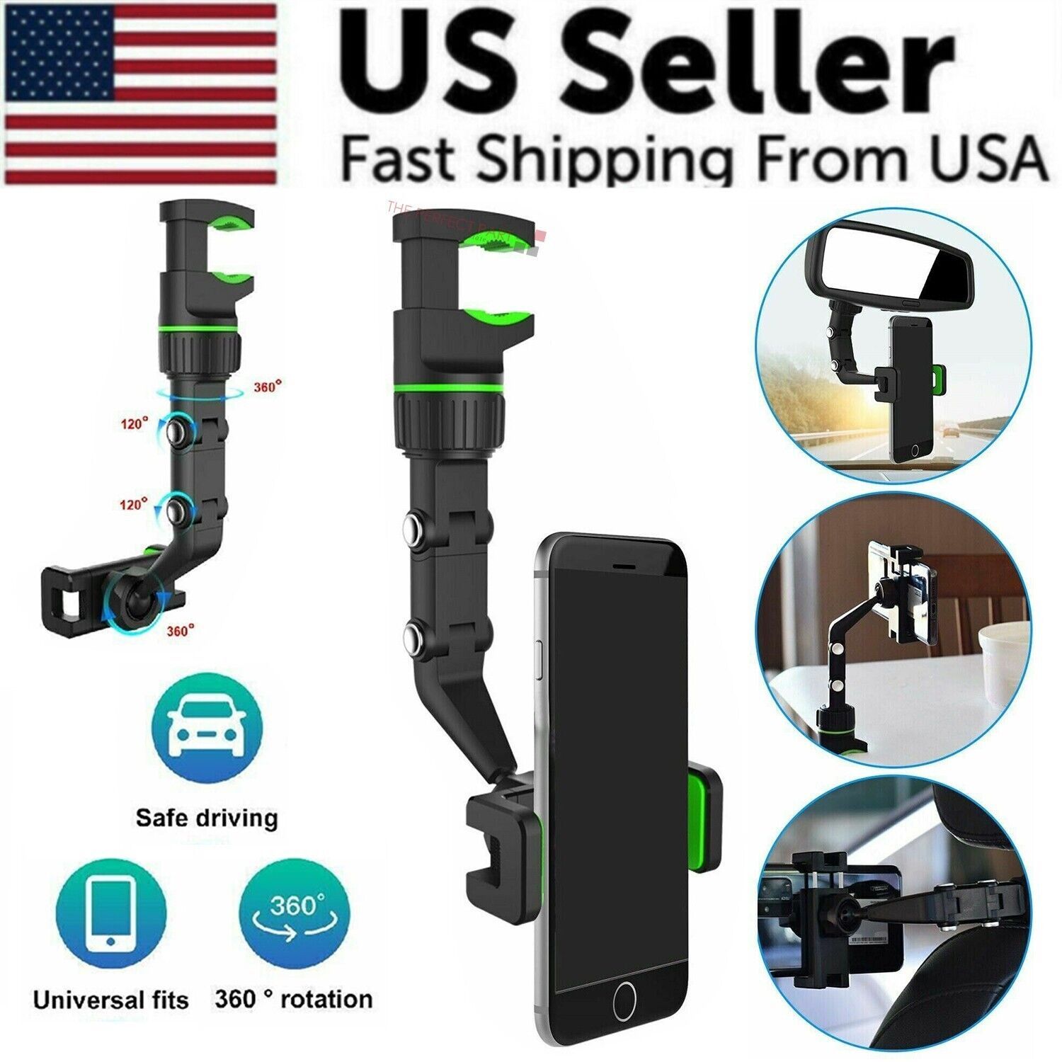 Car Rearview Mirror Rotation Adjustable Phone Holder Mount Multifunction