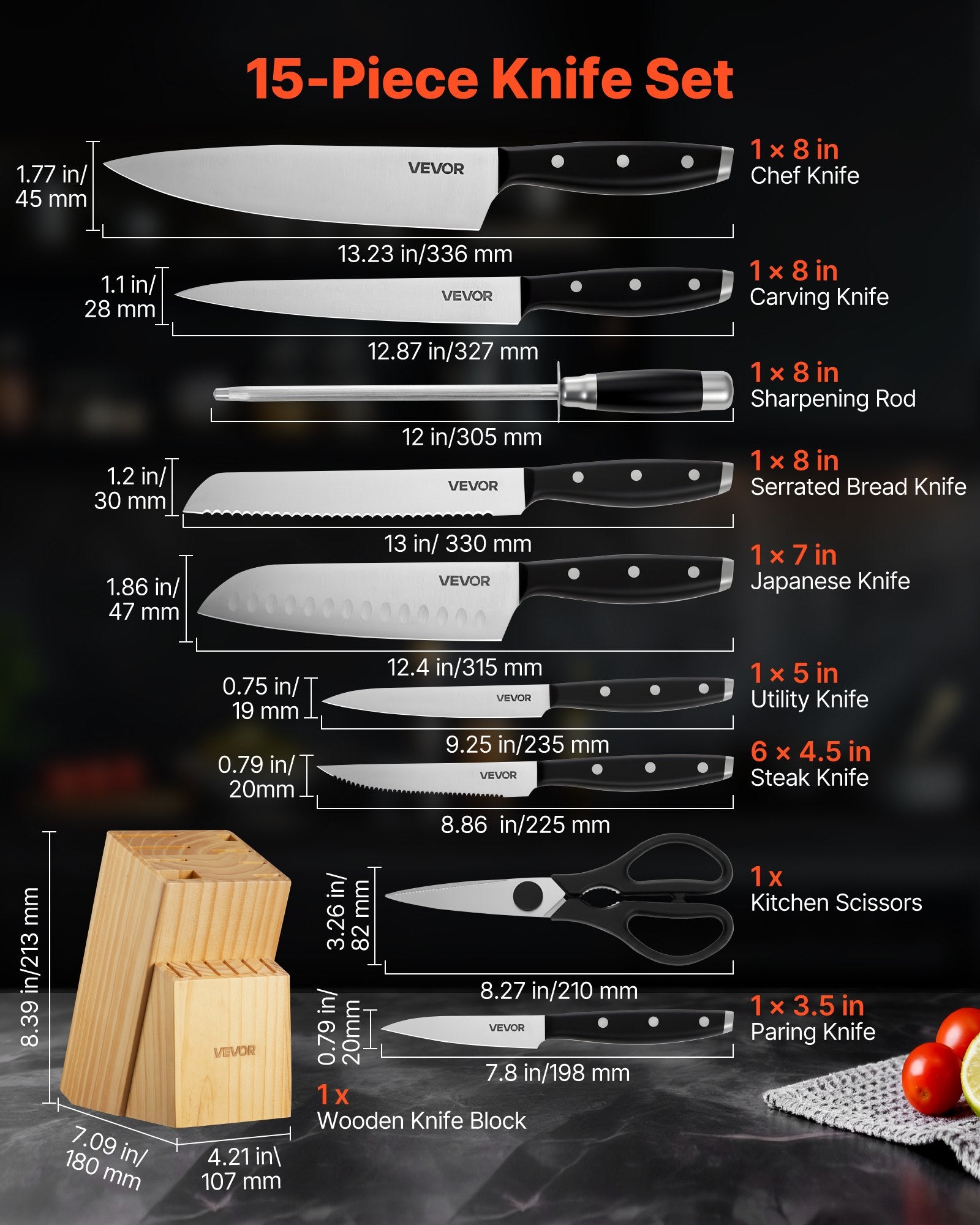 Kitchen Knife Set With Block And Sharpener, 15 Piece High Carbon Stainless Steel Sharp Knife Set, Kitchen Cutlery With Ergonomic Handle, Sharpening Rod And Premium Wooden Block, For Home Cooks