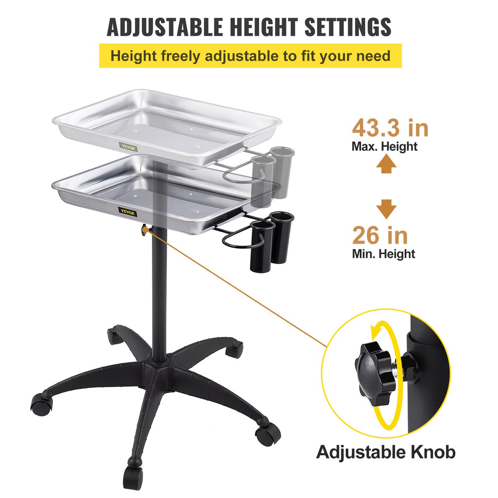 Mayo Stand Medical Tray, Height Adjustable Stainless Steel Salon Tray Easy Assemble Tattoo Cart Lab Tray With 2 Cups & 1 Metal Ring For SPA Clinic Personal Care Lab Hospital Dentistry, Silver