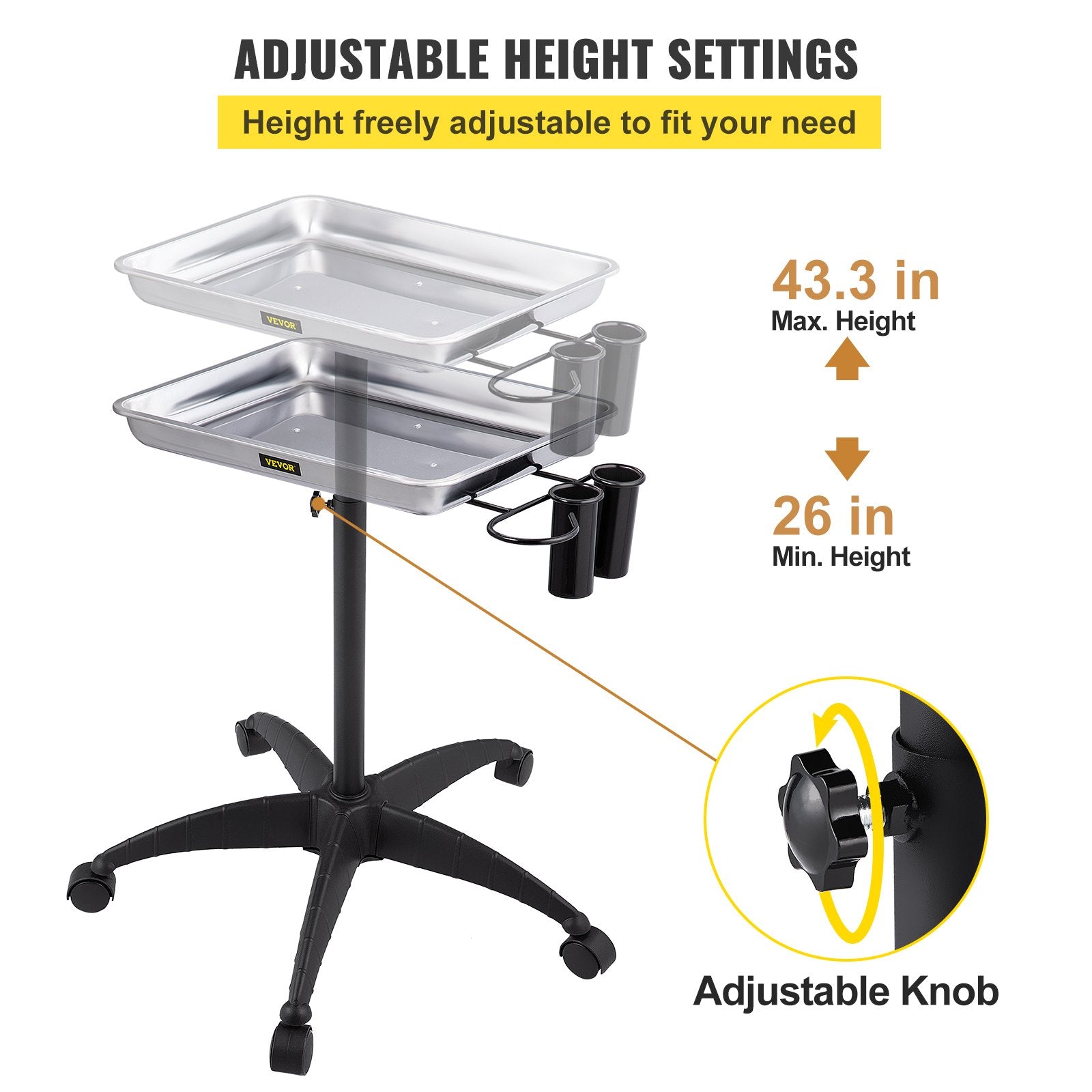 Mayo Stand Medical Tray, Height Adjustable Stainless Steel Salon Tray Easy Assemble Tattoo Cart Lab Tray With 2 Cups & 1 Metal Ring For SPA Clinic Personal Care Lab Hospital Dentistry, Silver