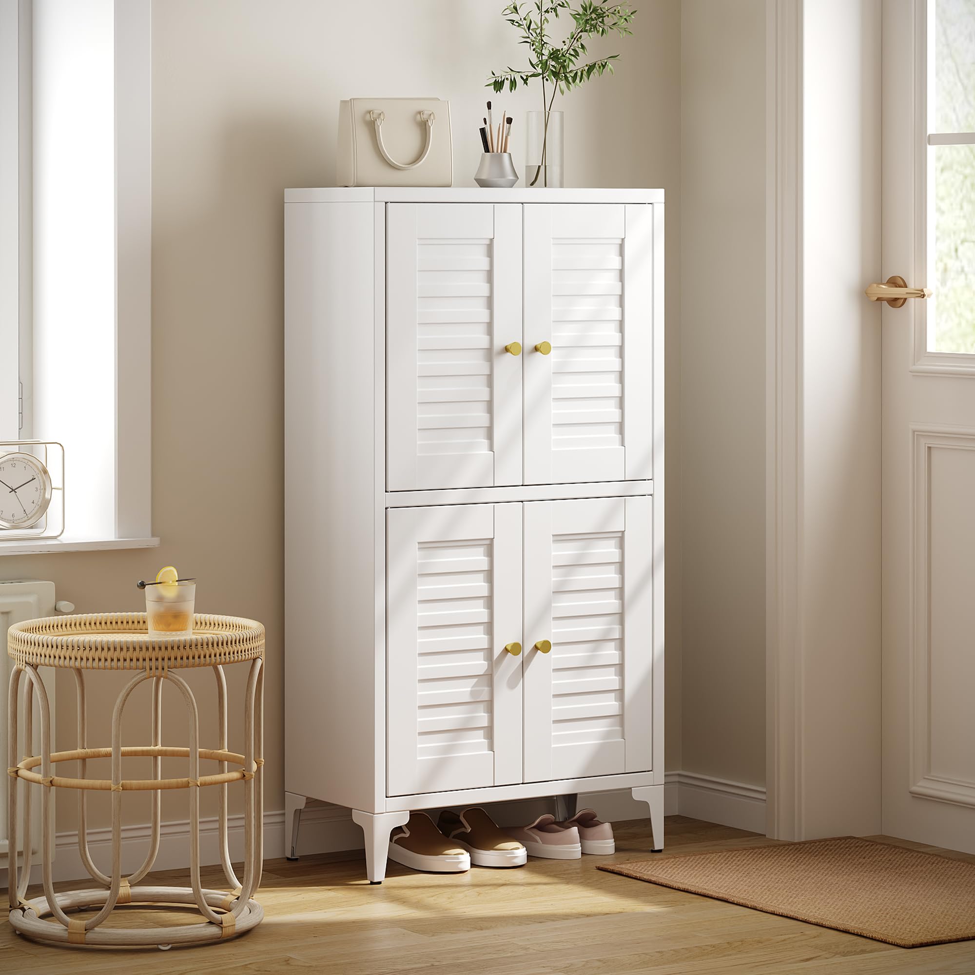 46inch H Metal Small Bathroom Storage Cabinet With 4 Doors And Adjustable Shelves, Pantry Cabinet For Home, Kitchen, Assembly Required, White
