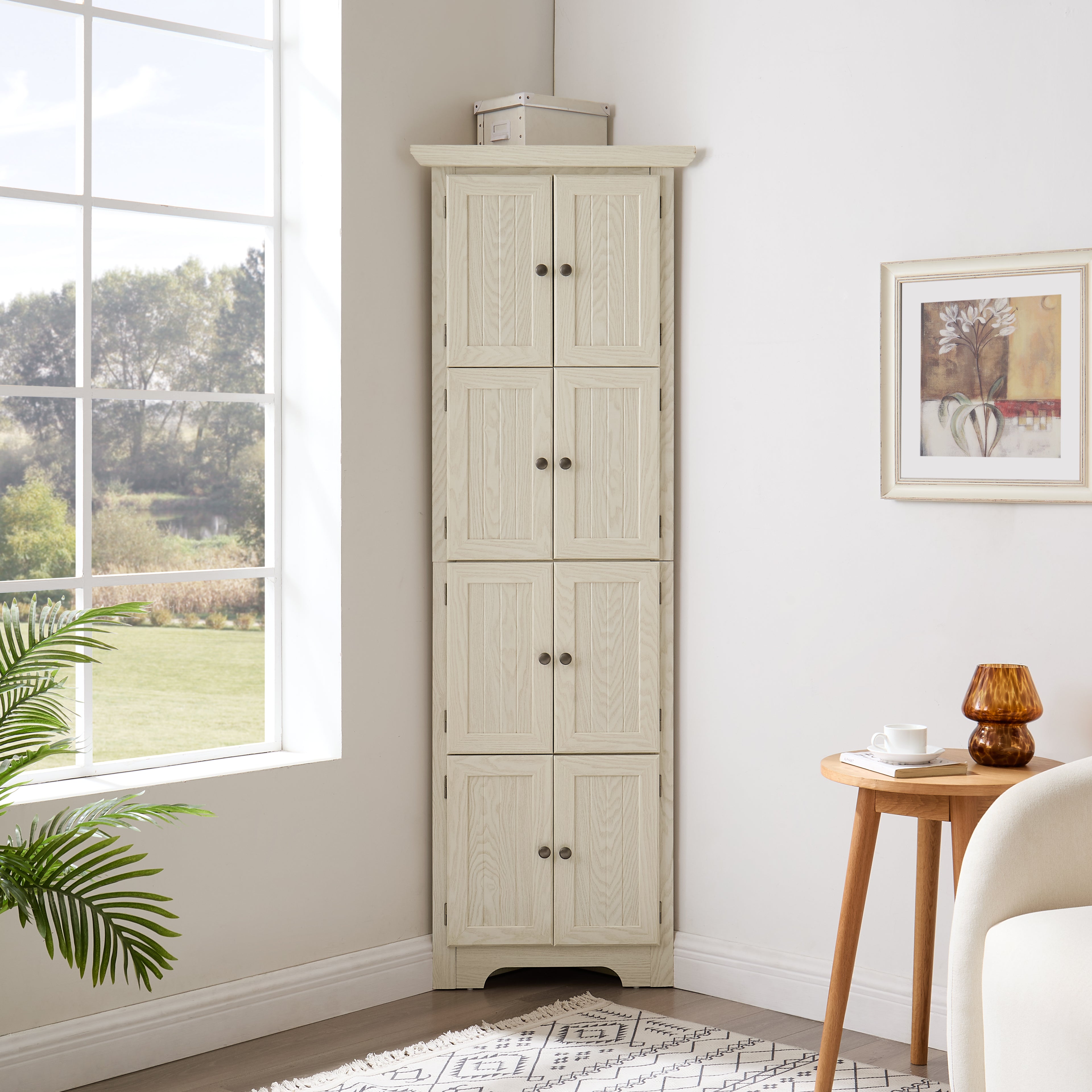 4-Tier 72 Corner Kitchen Pantry Storage Cabinet With 8 Doors Tall Storage Cabinet, Corner Cabinet And Shelves, Home Farmhouse Bookshelf Cabinet For Bathroom, Living Room, Kitchen WHI