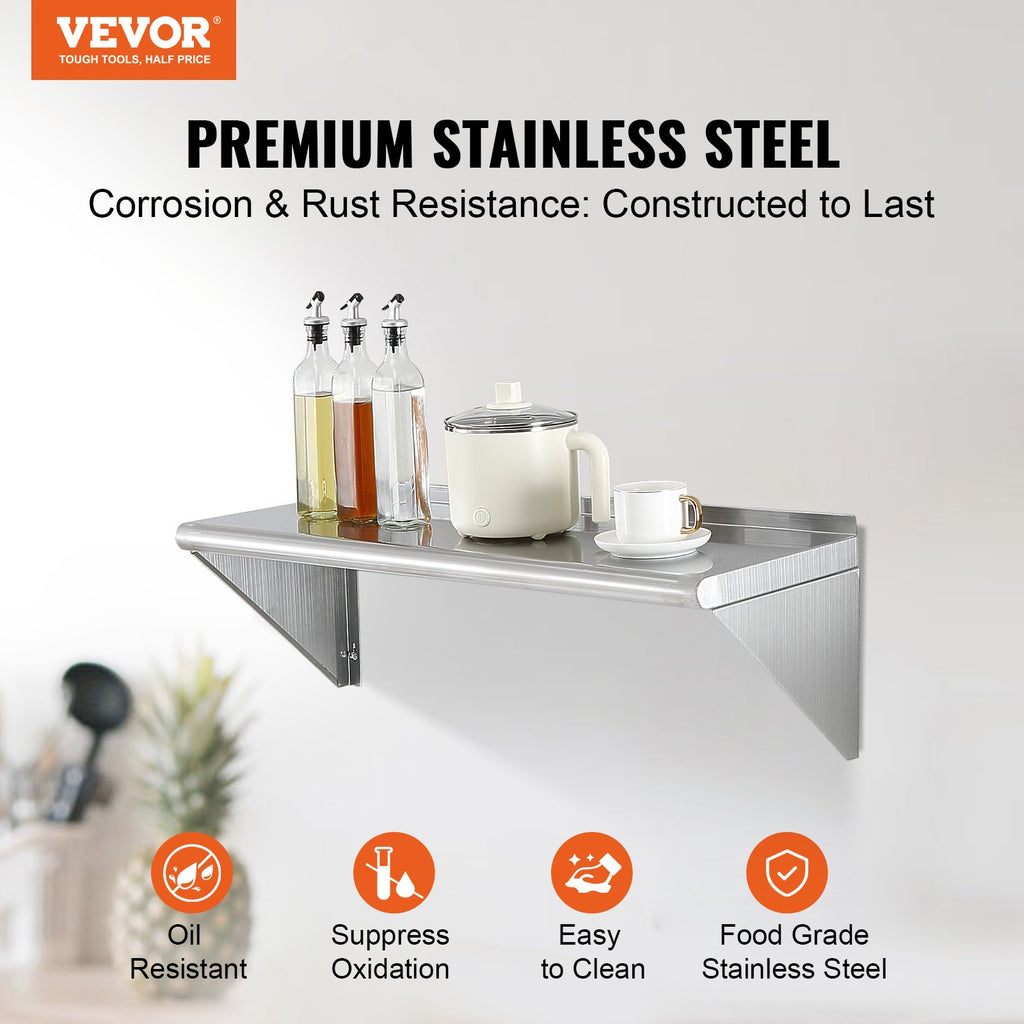 12" X 36" Stainless Steel Shelf, Wall Mounted Floating Shelving With Brackets, 250 Lbs Load Capacity Commercial Shelves, Heavy Duty Storage Rack For Restaurant, Kitchen, Bar, Home, And Hotel