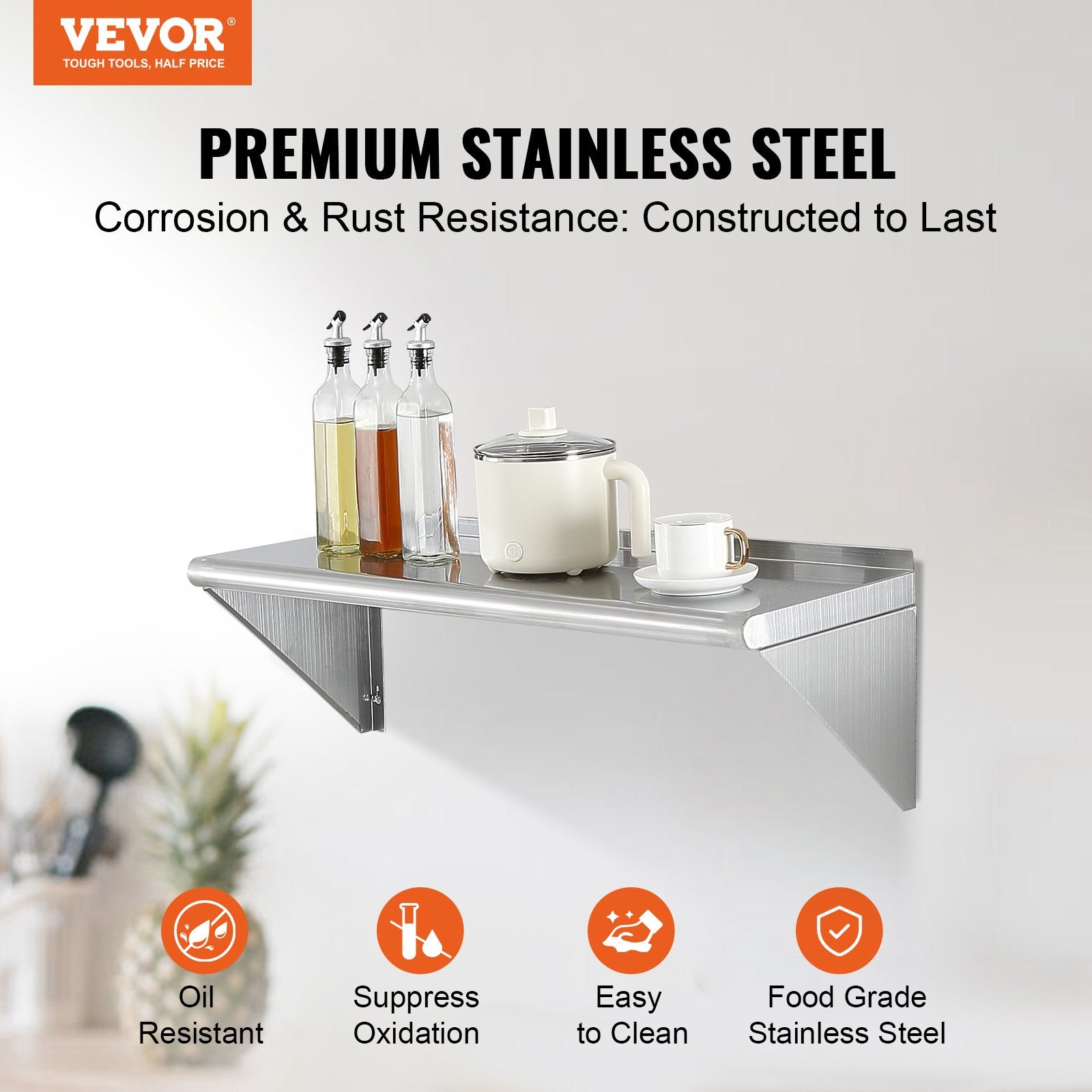 12" X 36" Stainless Steel Shelf, Wall Mounted Floating Shelving With Brackets, 250 Lbs Load Capacity Commercial Shelves, Heavy Duty Storage Rack For Restaurant, Kitchen, Bar, Home, And Hotel