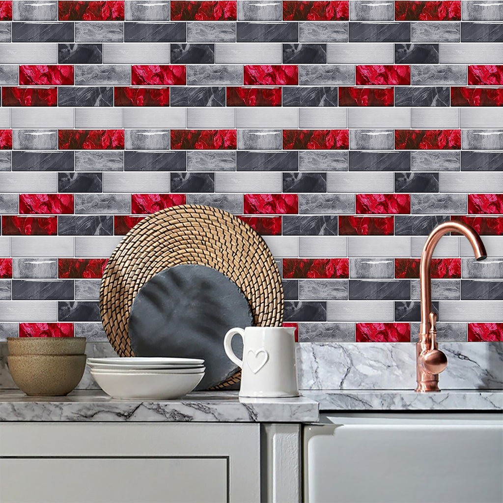 Red Marble Look Peel And Stick Wallpaper PVC Waterproof Self-adhesive Tiles Kitchen Splash-proof Bathroom Home Decoration Removable Without Leaving Glue