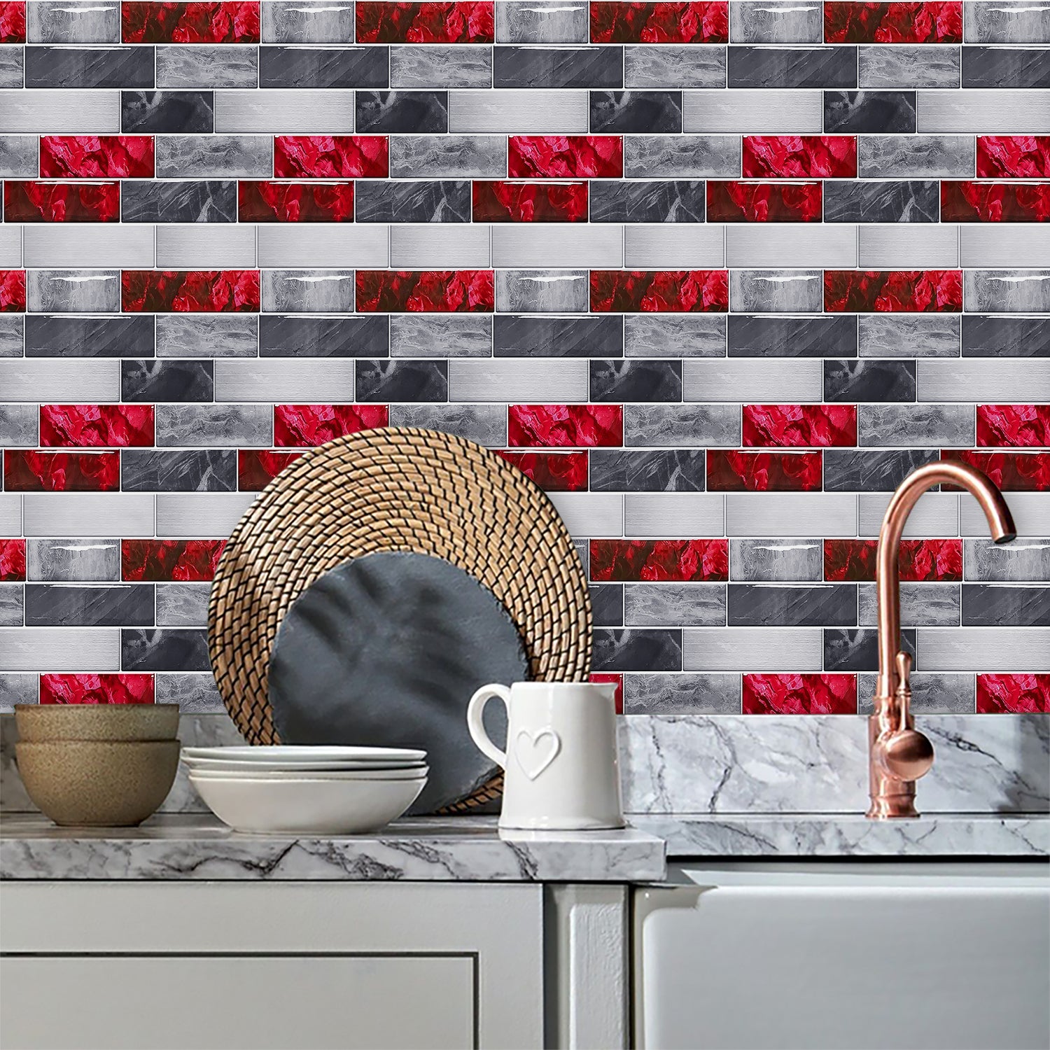 Red Marble Look Peel And Stick Wallpaper PVC Waterproof Self-adhesive Tiles Kitchen Splash-proof Bathroom Home Decoration Removable Without Leaving Glue