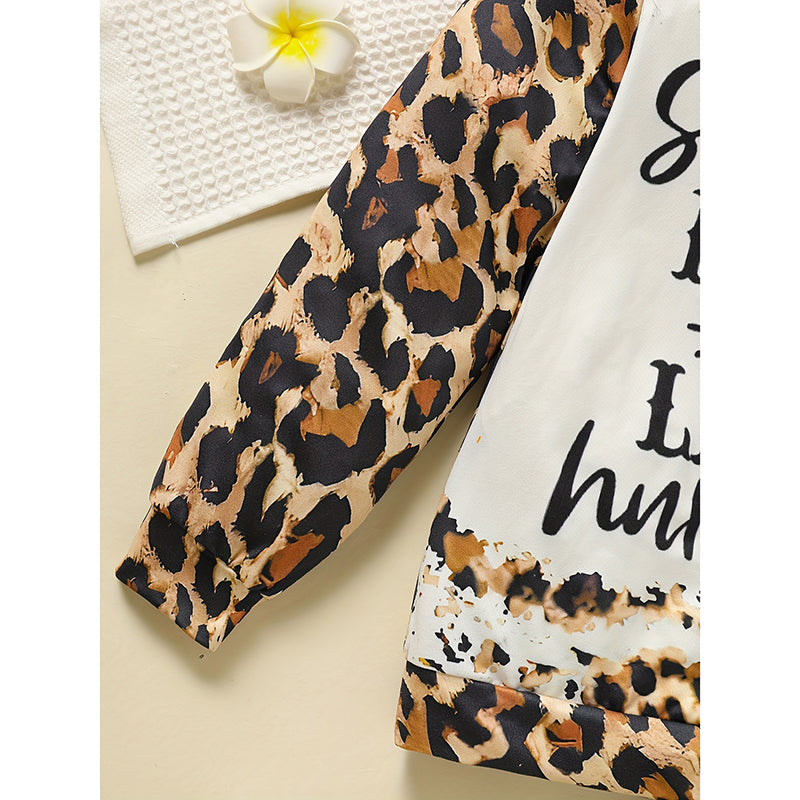 Toddler Girls Fall Winter Outfits Leopard Letter Print Crewneck Long Sleeve Sweatshirt Top & Sweatpant 2 Piece Clothing Set