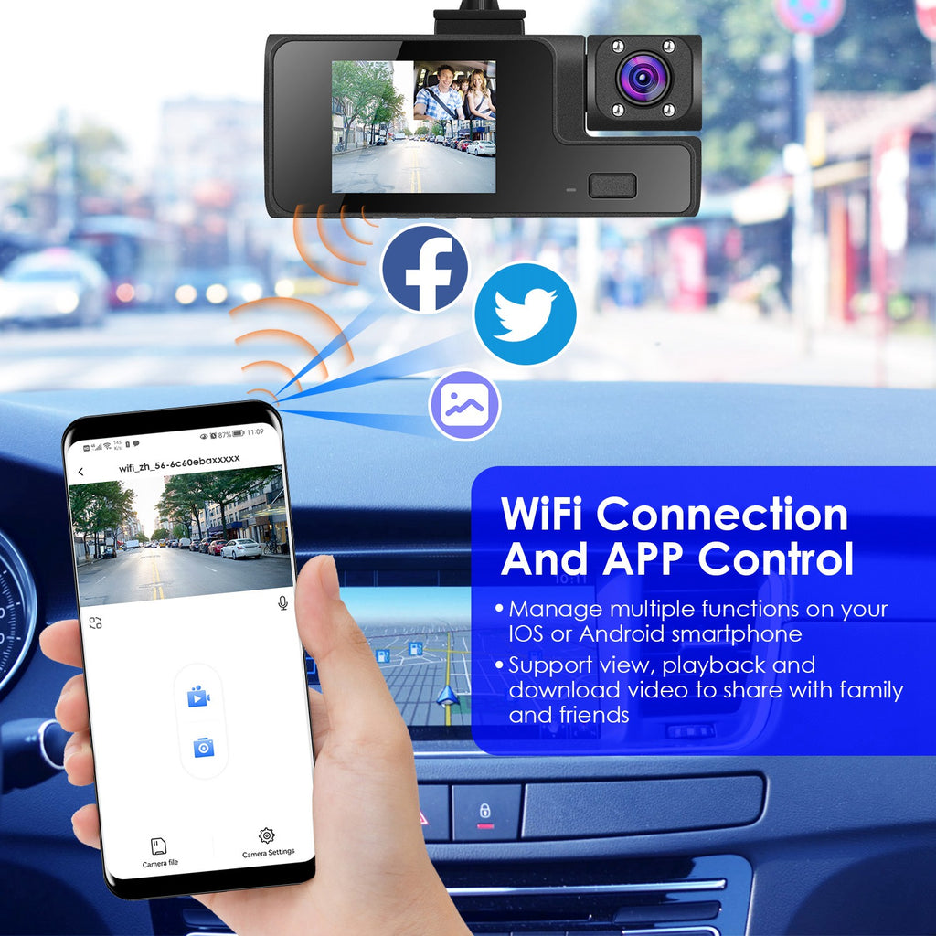 1Pc WiFi FHD 1080P Car Dash Cam 3 Channels Front Rear Inside Dash Camera With Loop Recording Reversing Visual 170 Degree Wide Angle 64G Card Included