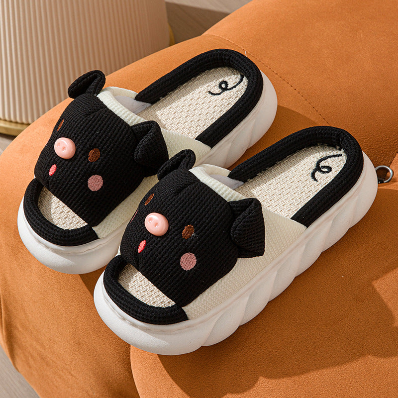 Cute Piggy Slippers Open Toe Linen Home Slipper Couples Women Men Cartoon Pig House Shoes