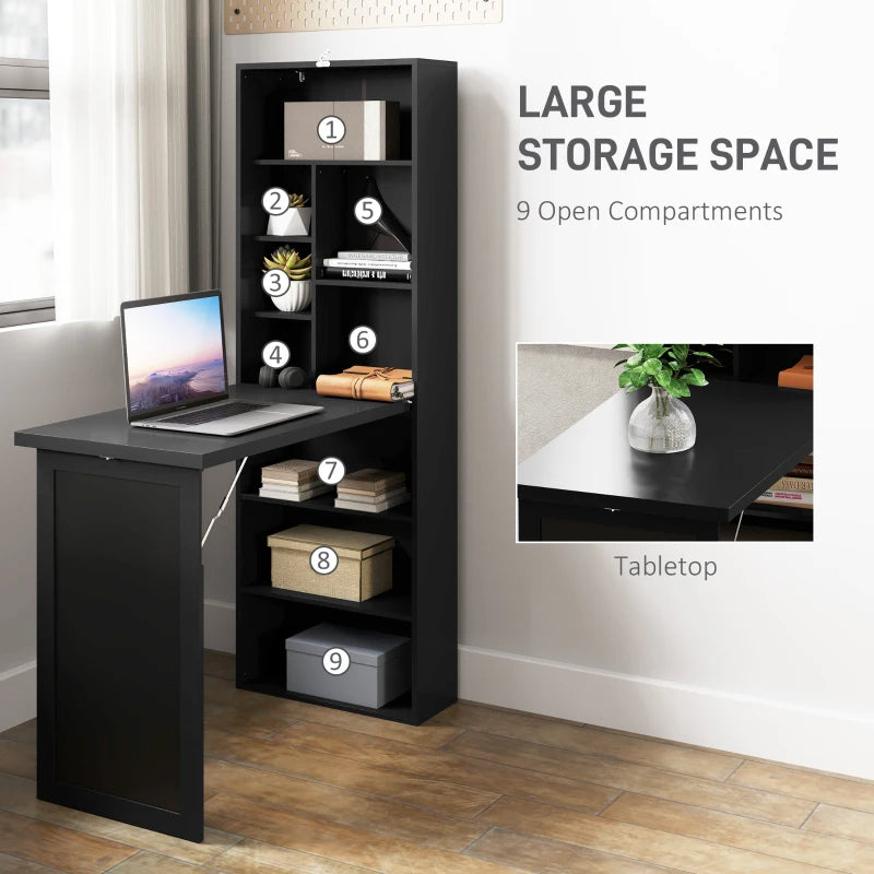 Old-out Convertible Home Office Desk, Wall Mount Computer Desk With Blackboard And Side Shelf, Black