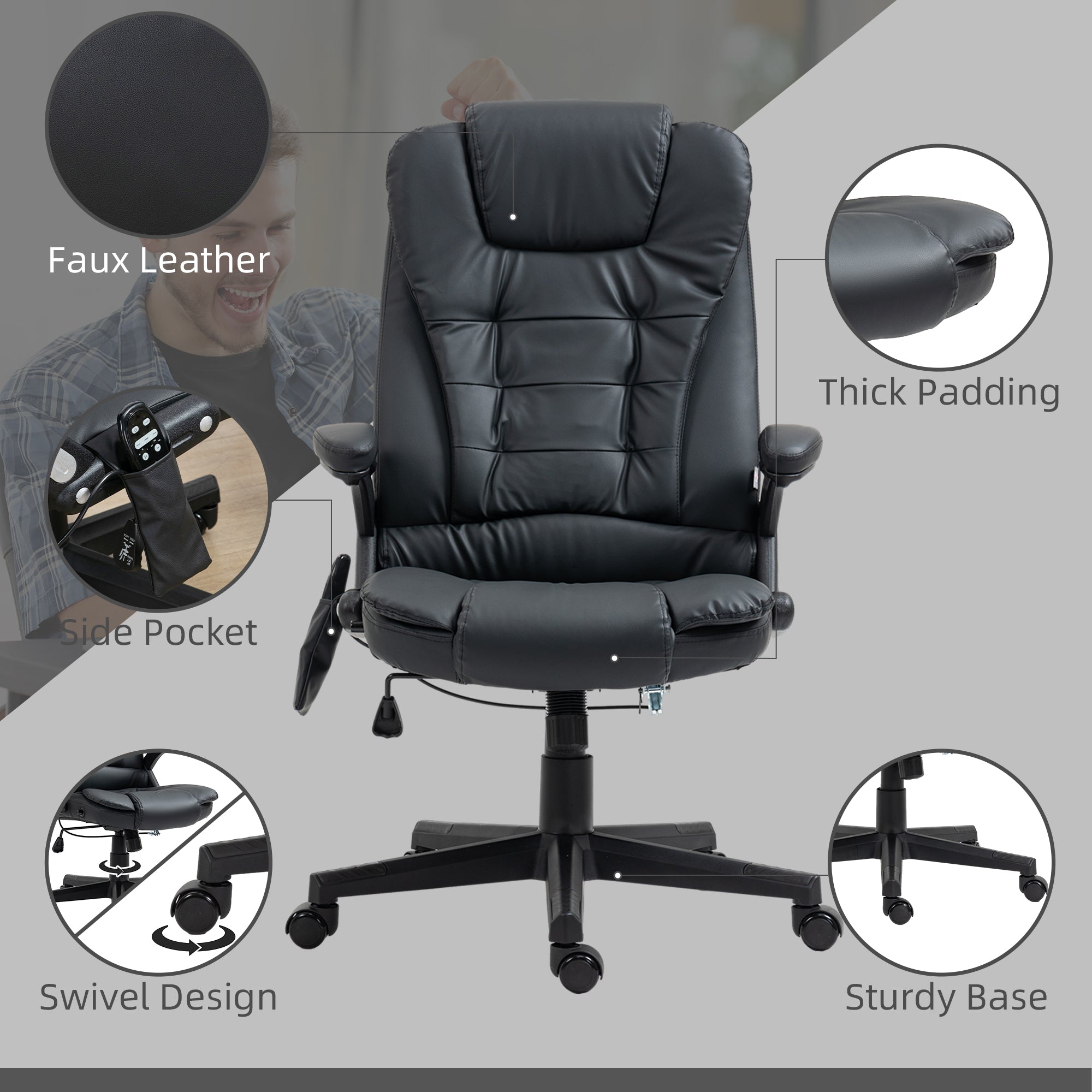 Massage Office Chair, Heated Reclining Computer Chair with 6 Vibration Points, Armrest and Remote, Black