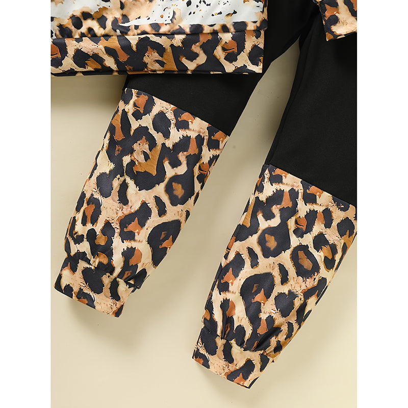 Toddler Girls Fall Winter Outfits Leopard Letter Print Crewneck Long Sleeve Sweatshirt Top & Sweatpant 2 Piece Clothing Set