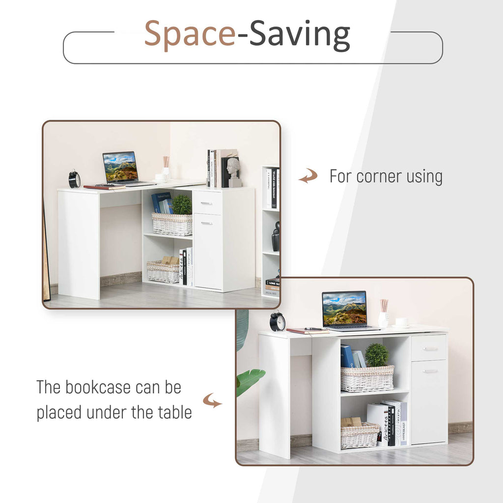 L-Shaped White Computer Desk With Rotating Shelves And Drawer Home Office Workstation