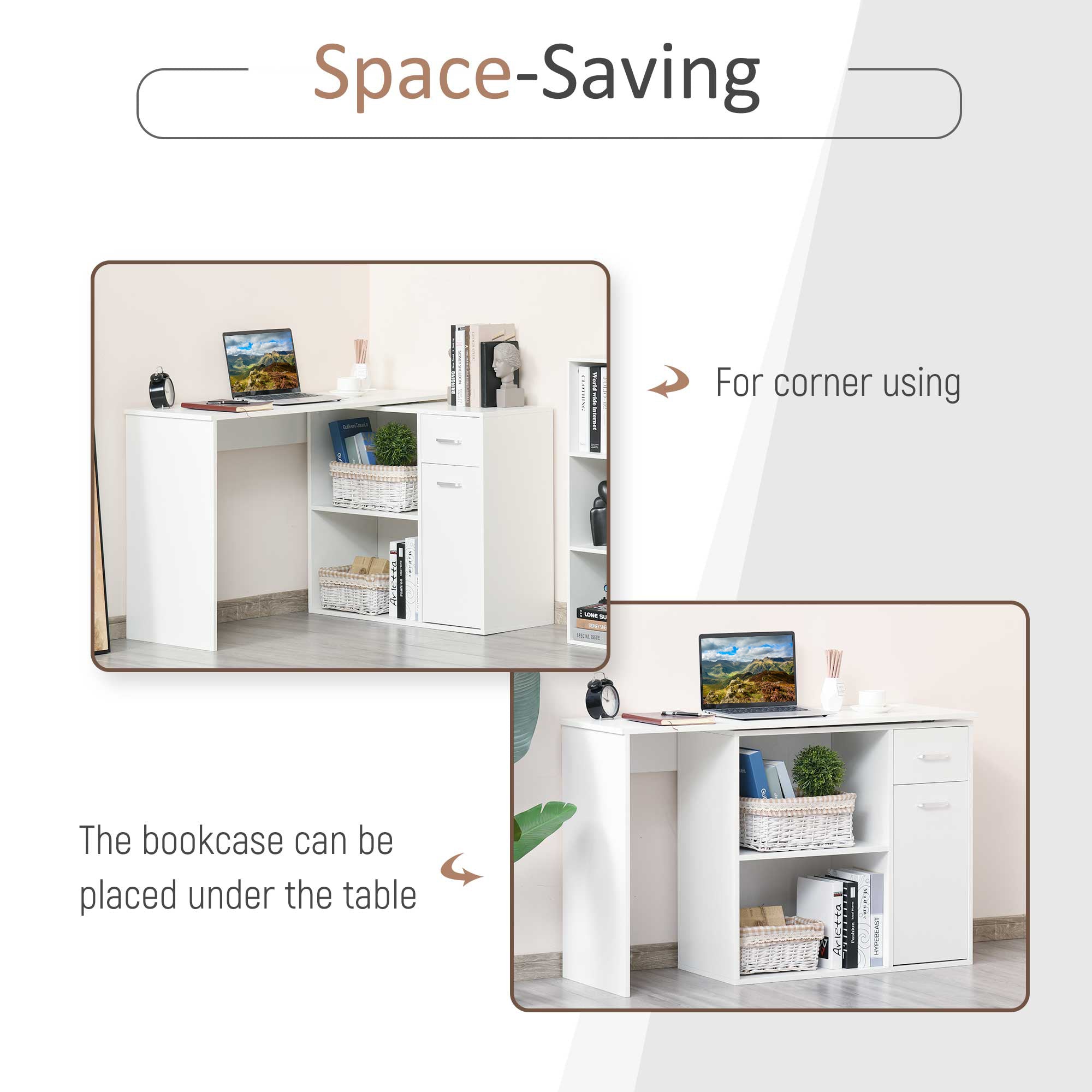 L-Shaped White Computer Desk With Rotating Shelves And Drawer Home Office Workstation