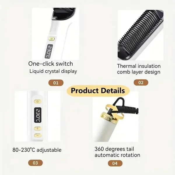 Professional Ionic Hair Straightening Brush, Fast Heating Ceramic With Auto Lock & Shutoff, Anti-Scald, 110V With LED Screen, 30 Temperature Settings, Ideal For Home, Travel & Salon Use, Hair Brush