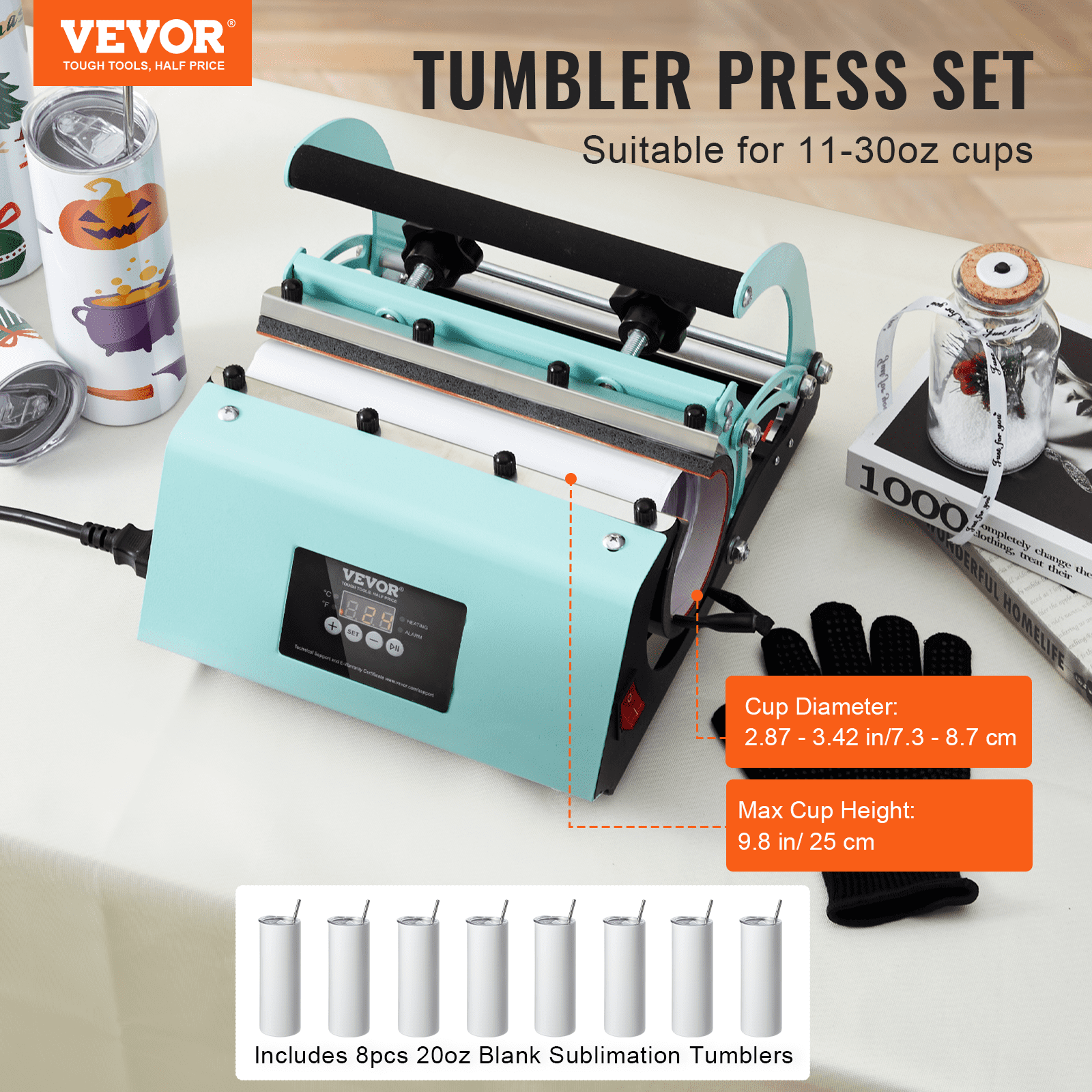 Tumbler Heat Press Machine And Sublimation Tumblers, Tumbler Press Set With 8pcs 20OZ Blank Tumblers, Mug Press Cup Press For 11-30oz Tumblers Mug, With Heat Transfer Paper, Gloves, Tape
