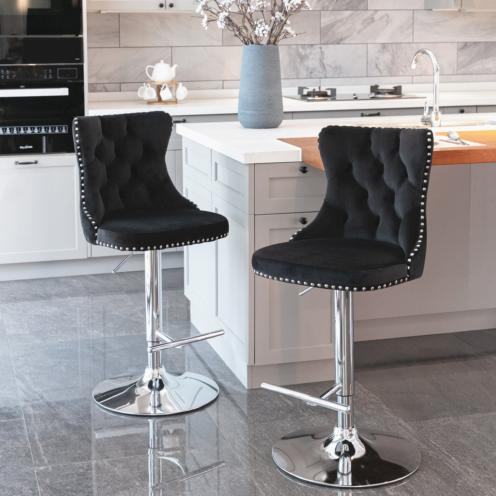Swivel Velvet Barstools Adjusatble Seat Height From 25-33 Inch, Chrome Base Bar Stools With Backs Comfortable Tufted For Home Pub And Kitchen Island,Set Of 2,AS1712BK,Black
