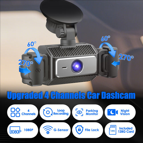 4 Channel Car Dash Cam With 128G MMC Card 1080P Front 720P Left Right 480P Rear G-Sensor Parking Monitor Loop Recording Night Vision 360 Degree Surveillance Car Camera