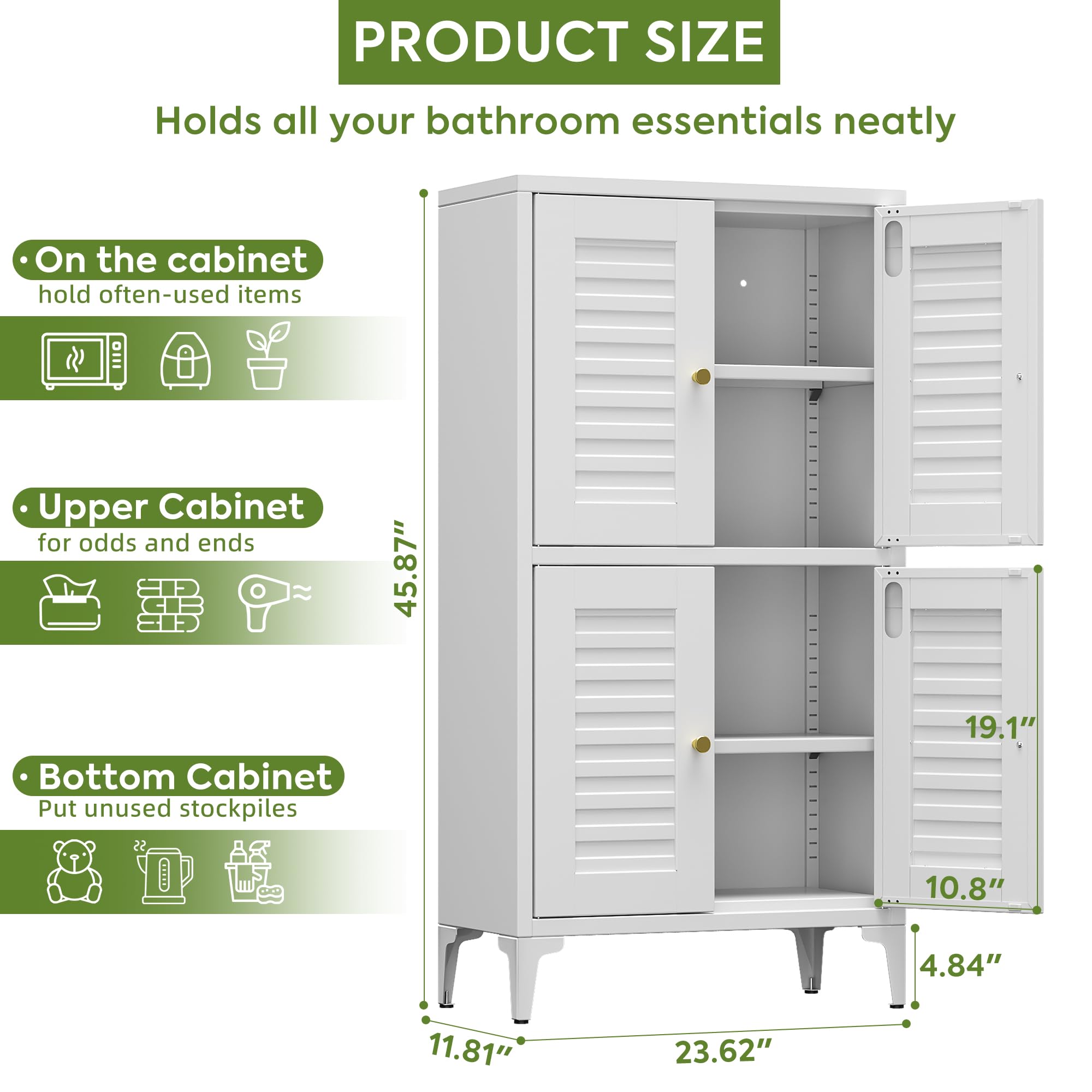 46inch H Metal Small Bathroom Storage Cabinet With 4 Doors And Adjustable Shelves, Pantry Cabinet For Home, Kitchen, Assembly Required, White