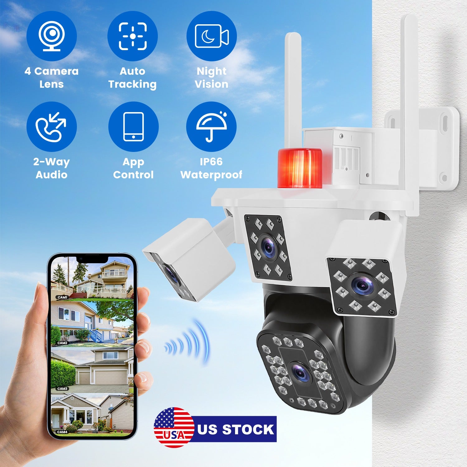 1080P HD 4-Lens Security Camera 360 Degree View WiFi Pan & Tilt Surveillance Camera With Full Color Night Vision Auto Motion Tracking 2-Way Audio Spotlights IP66 Waterproof Max 128G Not Included