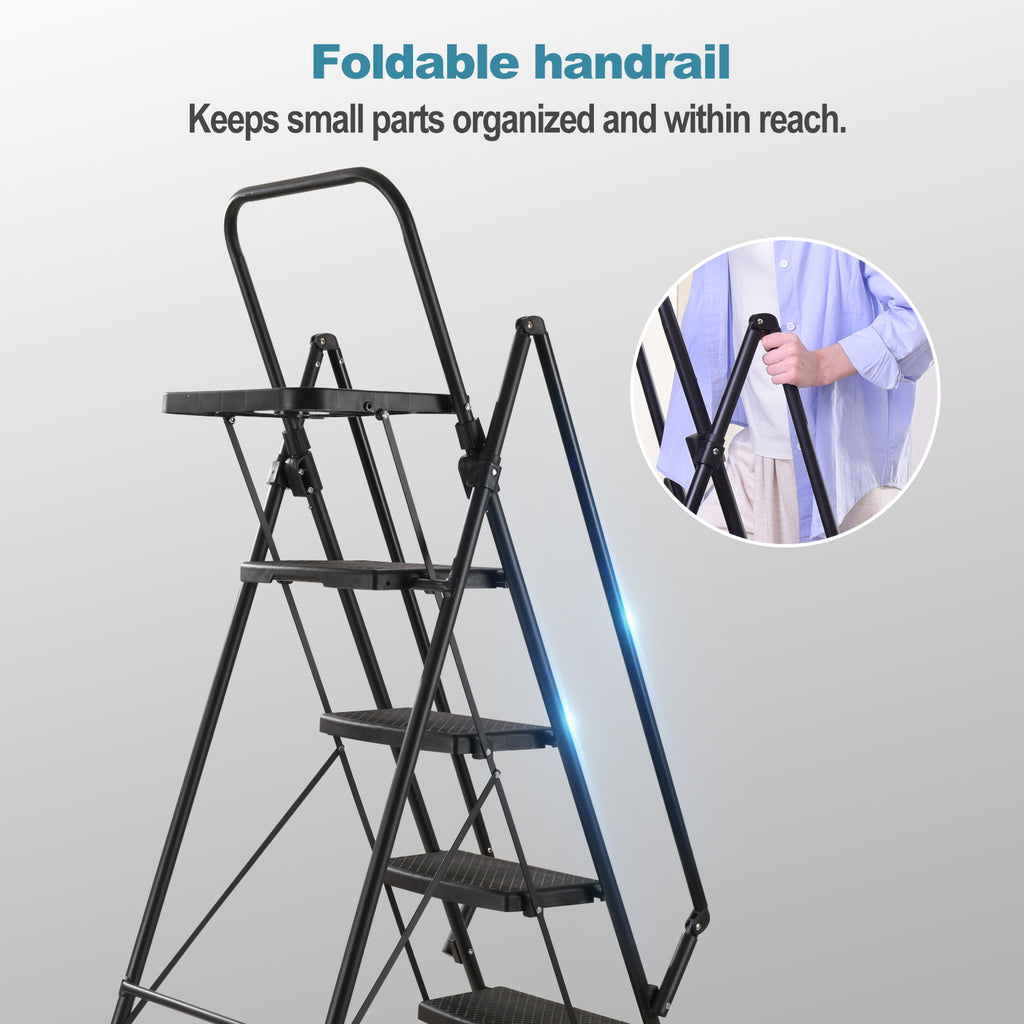 Folding Step Stool With Bandwidth Anti Slip Pedals And Tool Trays, Lightweight And Portable Steel Step Stool, Perfect For Kitchen And Home, Indoor And Outdoor Use, Sturdy Steel Steps 6 Levels