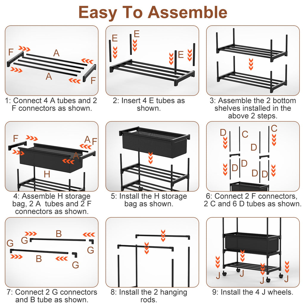 1Pc Double Rods Garment Rack With Storage Bag Portable Clothing Rack With Shelves Lockable Wheels Small Portable Closet Storage Bag Height Adjustable