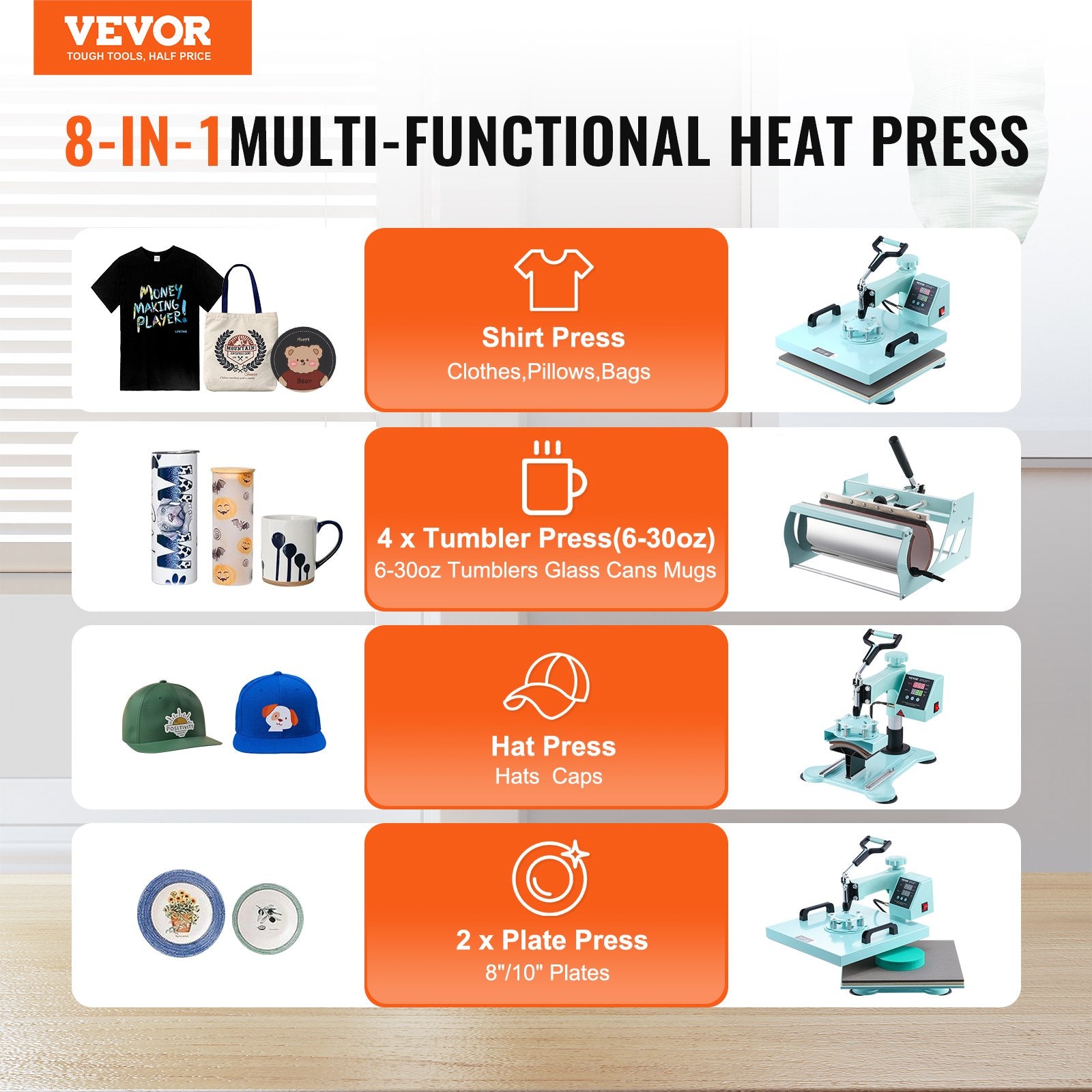 Heat Press Machine 15x15 In 8 In 1 With 30oz Tumbler Press T-Shirts Green