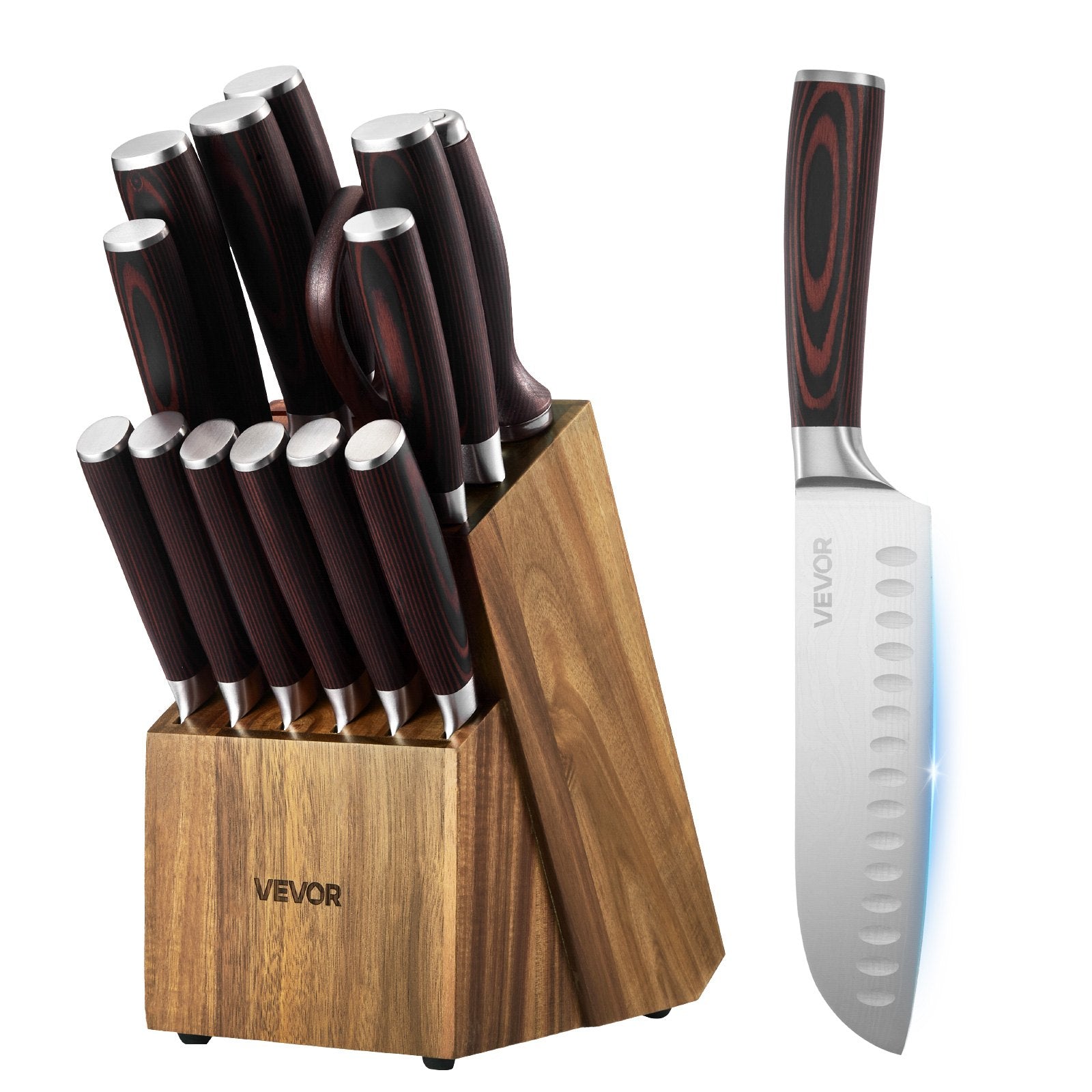 Kitchen Knife Set With Block And Sharpener, 15 Piece High Carbon Stainless Steel Knife Set, Rust-Resistant Kitchen Cutlery With Ergonomic Handle, Sharpening Rod & Premium Wooden Block, For Home
