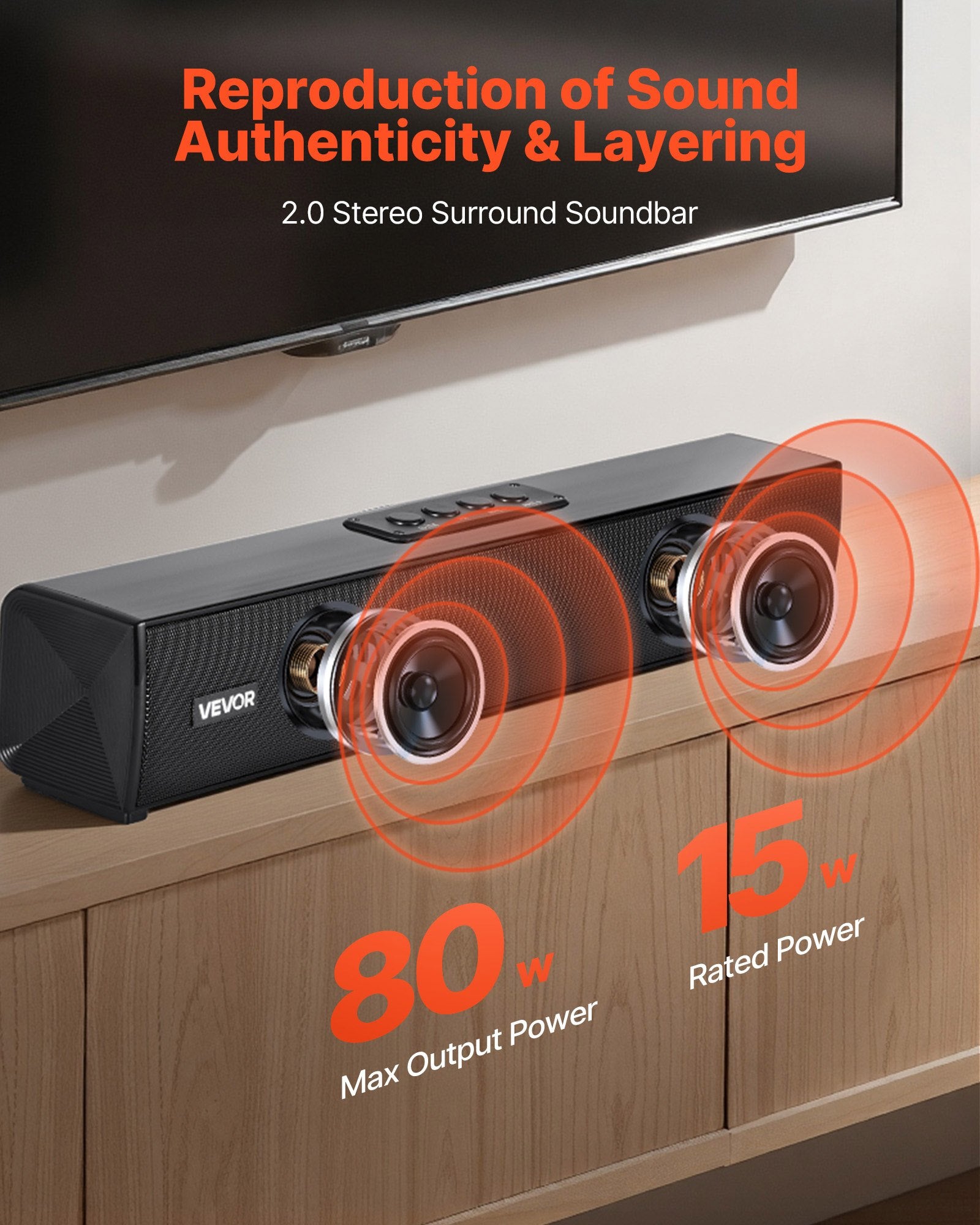 Sound Bar For Smart TV, 2.0 Channel, 17-Inch Compact Soundbar TV Speakers For Projector, Bluetooth AUX Connection, Remote Control, Easy Setup, 80W Surround Sound System For PC Home Theater Audio